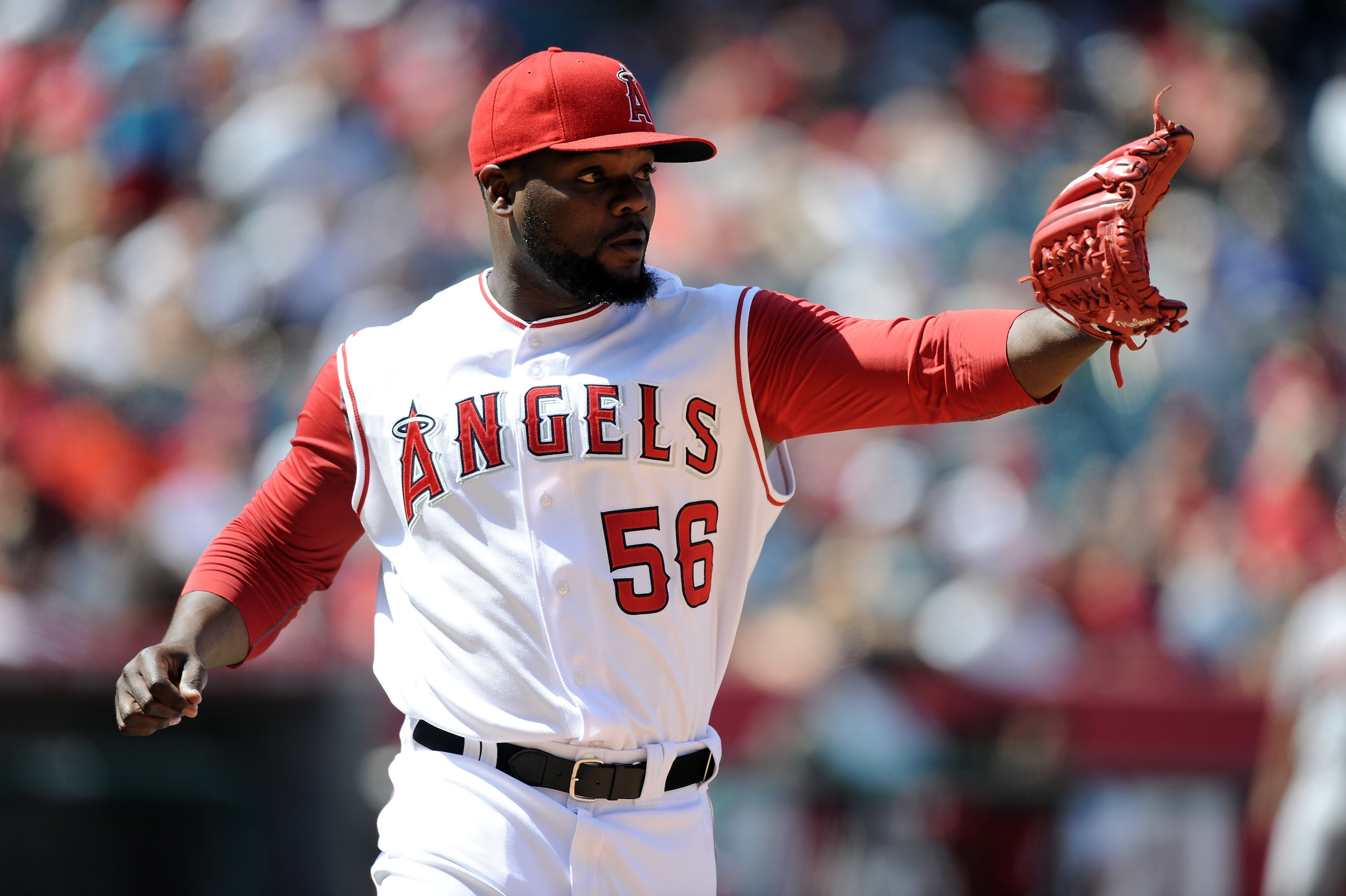 ANAHEIM, CA - AUGUST 29:  Fernando Rodney #56 of the Los Angeles Angels of Anaheim covers first against the Baltimore Orioles at Angel Stadium on August 29, 2010 in Anaheim, California.  (Photo by Harry How/Getty Images)