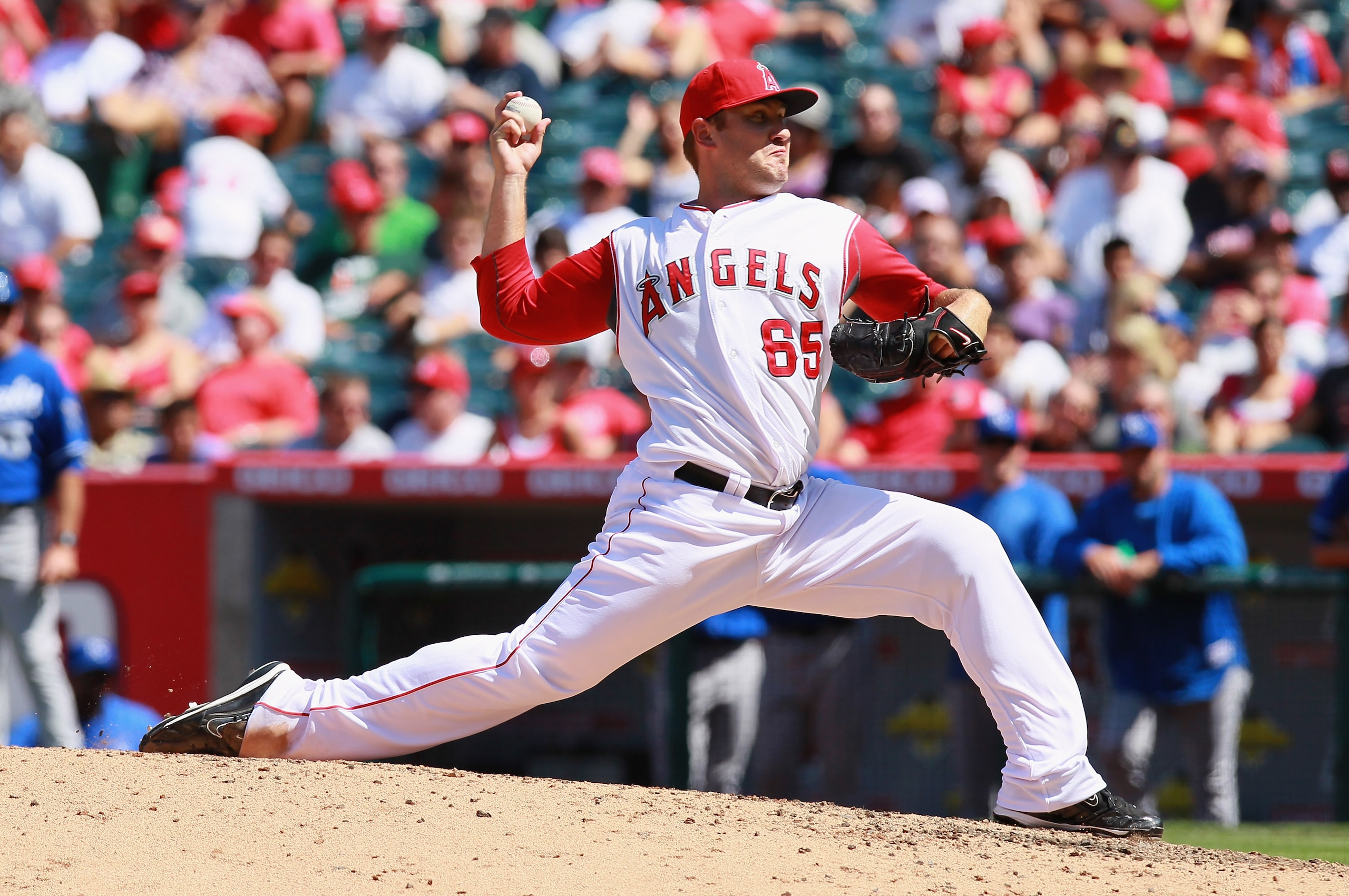 ANAHEIM, CA - AUGUST 11:  Kevin Jepsen #65 of the Los Angeles Angels of Anaheim pitches against the Kansas City Royals at Angel Stadium on August 11, 2010 in Anaheim, California.  (Photo by Jeff Gross/Getty Images)