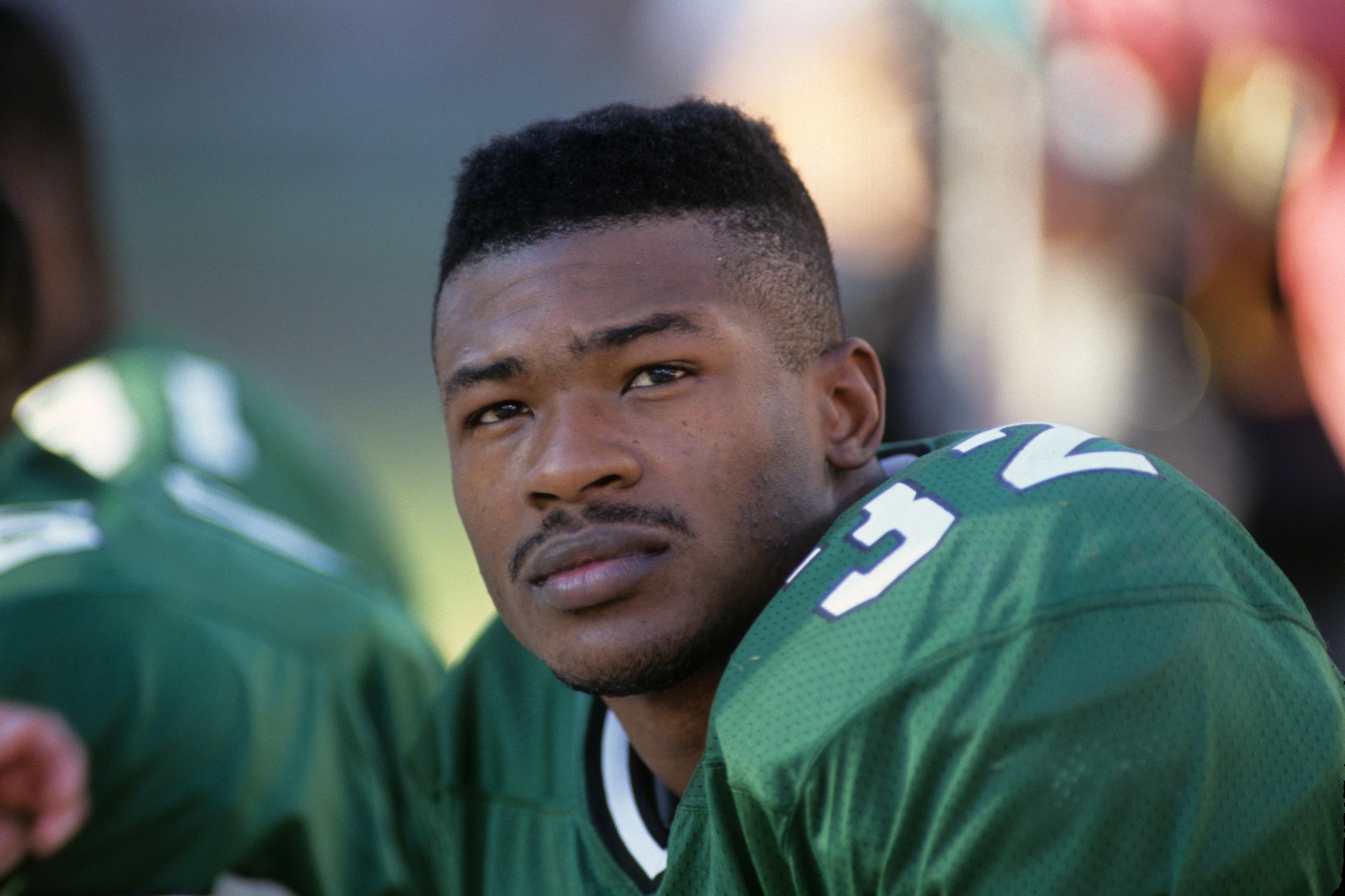 SAN DIEGO, CA - DECEMBER 2:  Running back Blair Thomas #32 of the New York Jets looks on from the sideline during a game against the San Diego Chargers at Jack Murphy Stadium on December 2, 1990 in San Diego, California.  The San Diego Chargers won 38-17