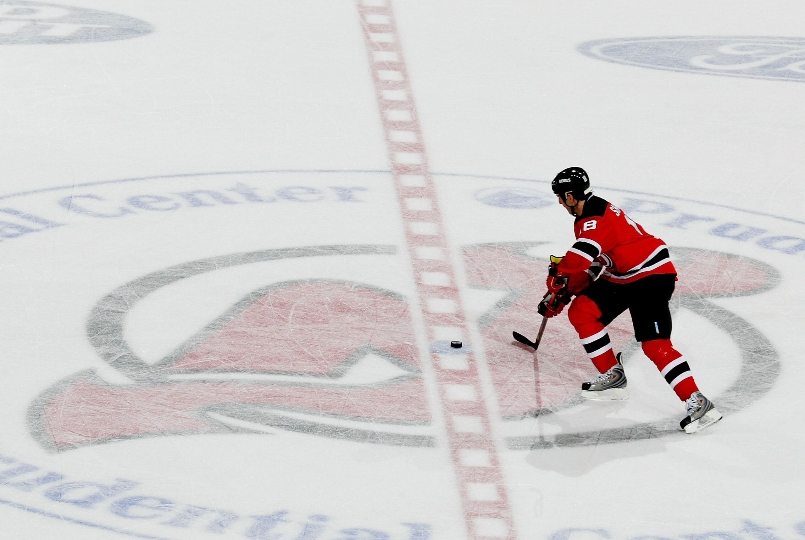 NEWARK, NJ - APRIL 03: Brendan Shanahan #18 of the New Jersey Devils skates in on a penalty shot  against the Tampa Bay Lightning on April 3, 2009 at the Prudential Center in Newark, New Jersey. (Photo by Bruce Bennett/Getty Images)