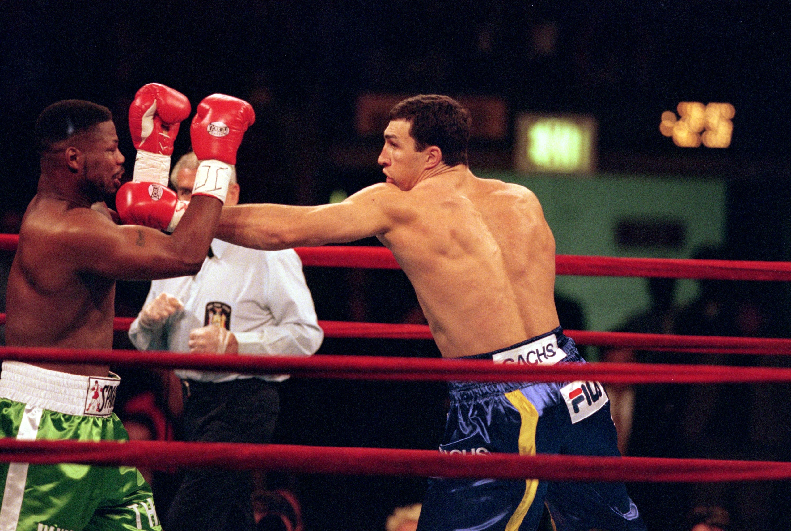 29 Apr 2000:  Wladimir Klitscho throws a left punch during the fight against David Bostice at Madison Square Garden, New York. Klitscho defeated Bostice in a knock out in the second round. Mandatory Credit: Ezra O. Shaw  /Allsport