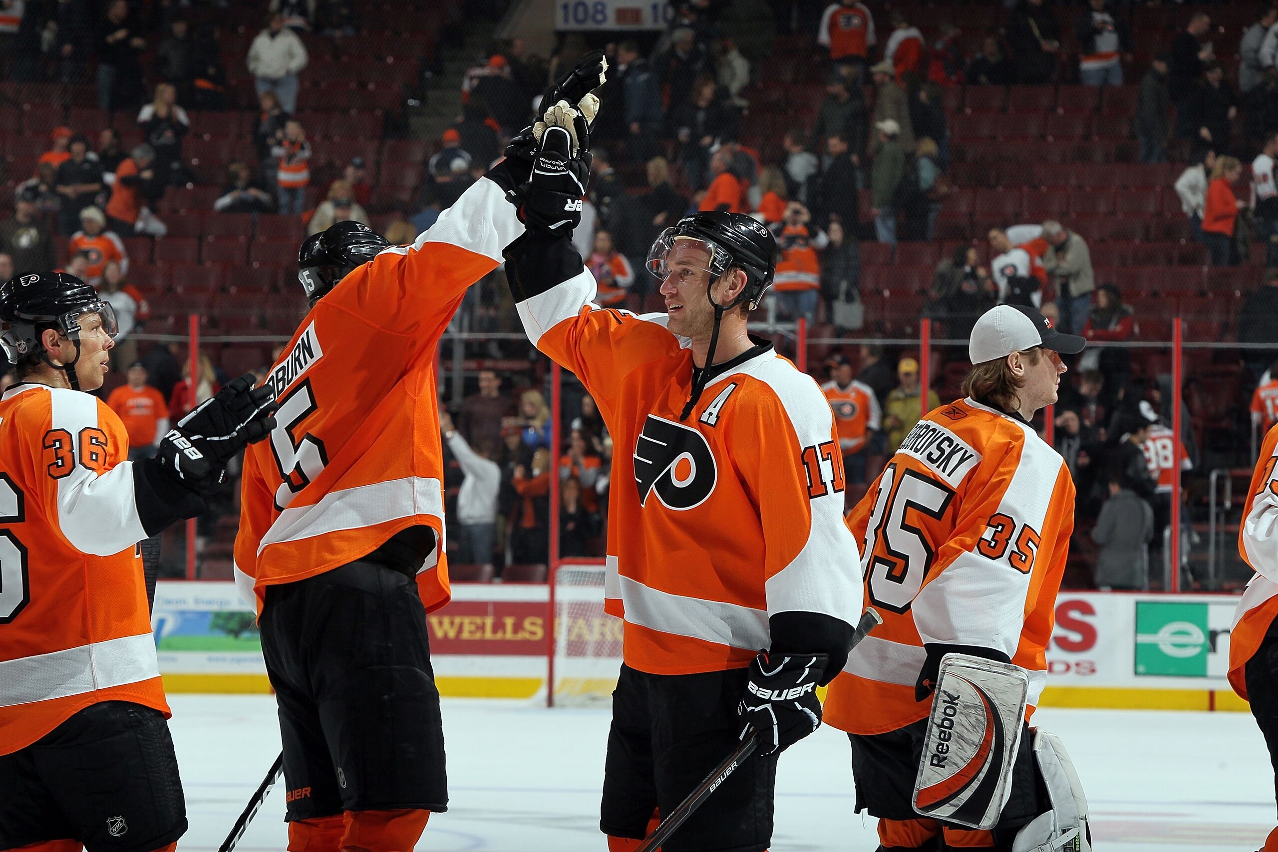 PHILADELPHIA, PA - FEBRUARY 05:  Jeff Carter #17 and Braydon Coburn #5 of the Philadelphia Flyers celebrate against the Dallas Stars on February 5, 2011 at Wells Fargo Center in Philadelphia, Pennsylvania. The Flyers defeated the Stars 3-1.  (Photo by Jim
