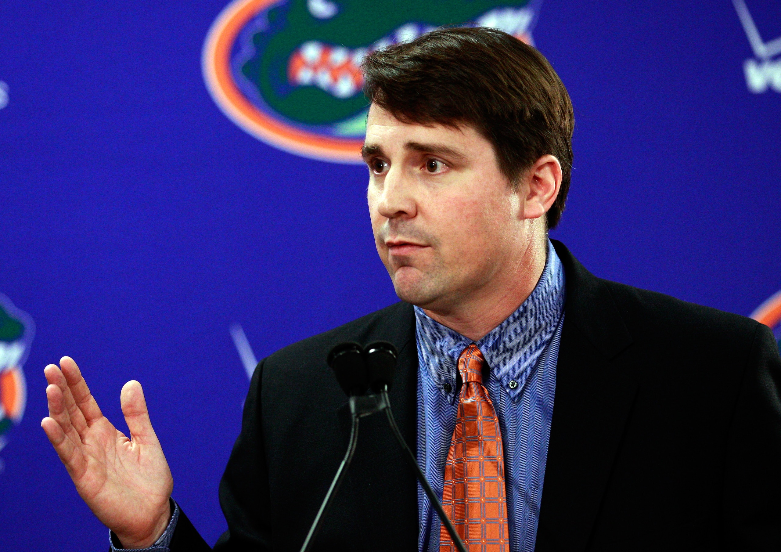 GAINESVILLE, FL - DECEMBER 14:  Former defensive coordinator for the University of Texas, Will Muschamp speaks to the media after being introduced as the head coach of the University of Florida on December 14, 2010 in Gainesville, Florida.  Muschamp is re