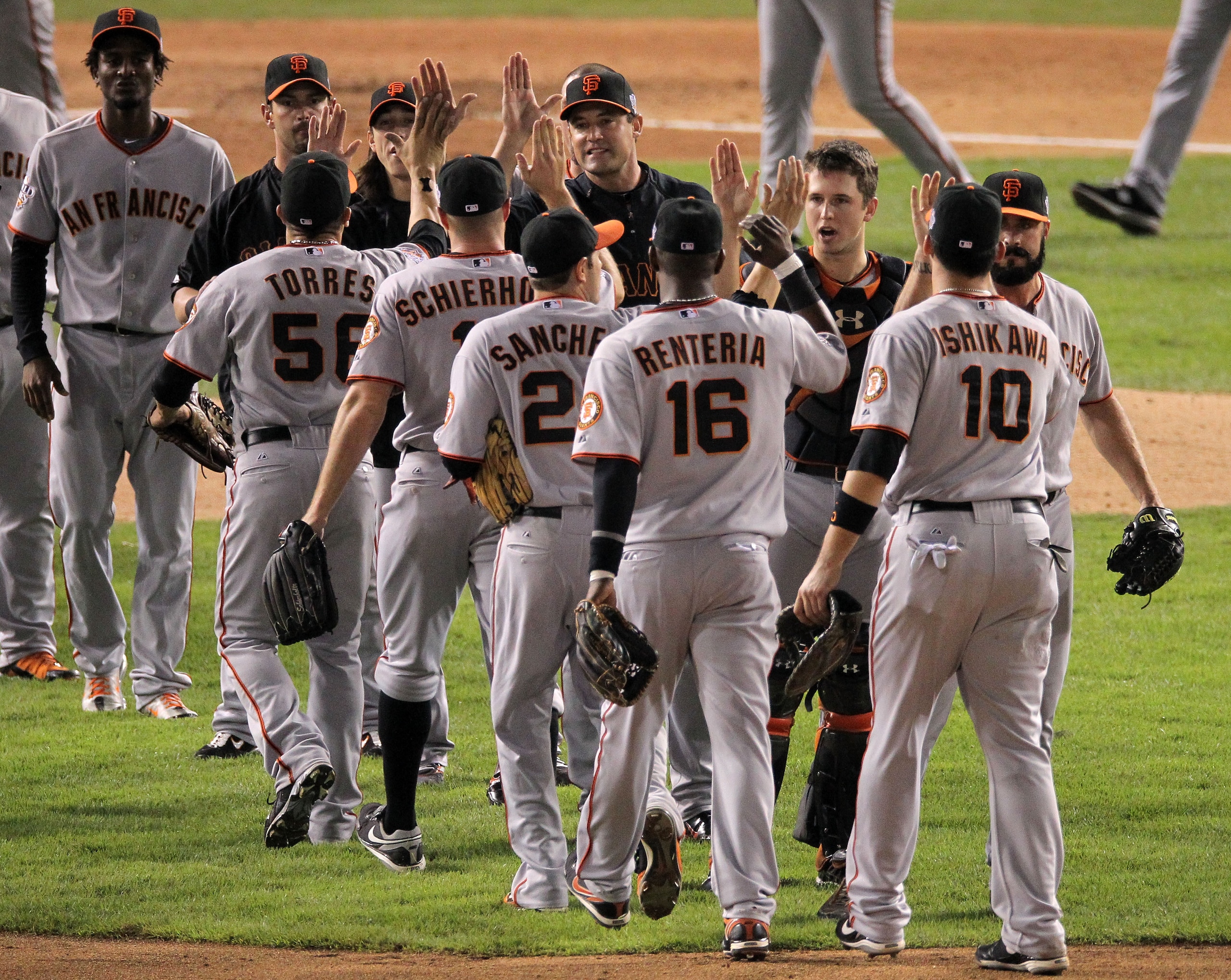 ARLINGTON, TX - OCTOBER 31:  The San Francisco Giants celebrate their 4-0 victory over the Texas Rangers in Game Four of the 2010 MLB World Series at Rangers Ballpark in Arlington on October 31, 2010 in Arlington, Texas.  (Photo by Doug Pensinger/Getty Im