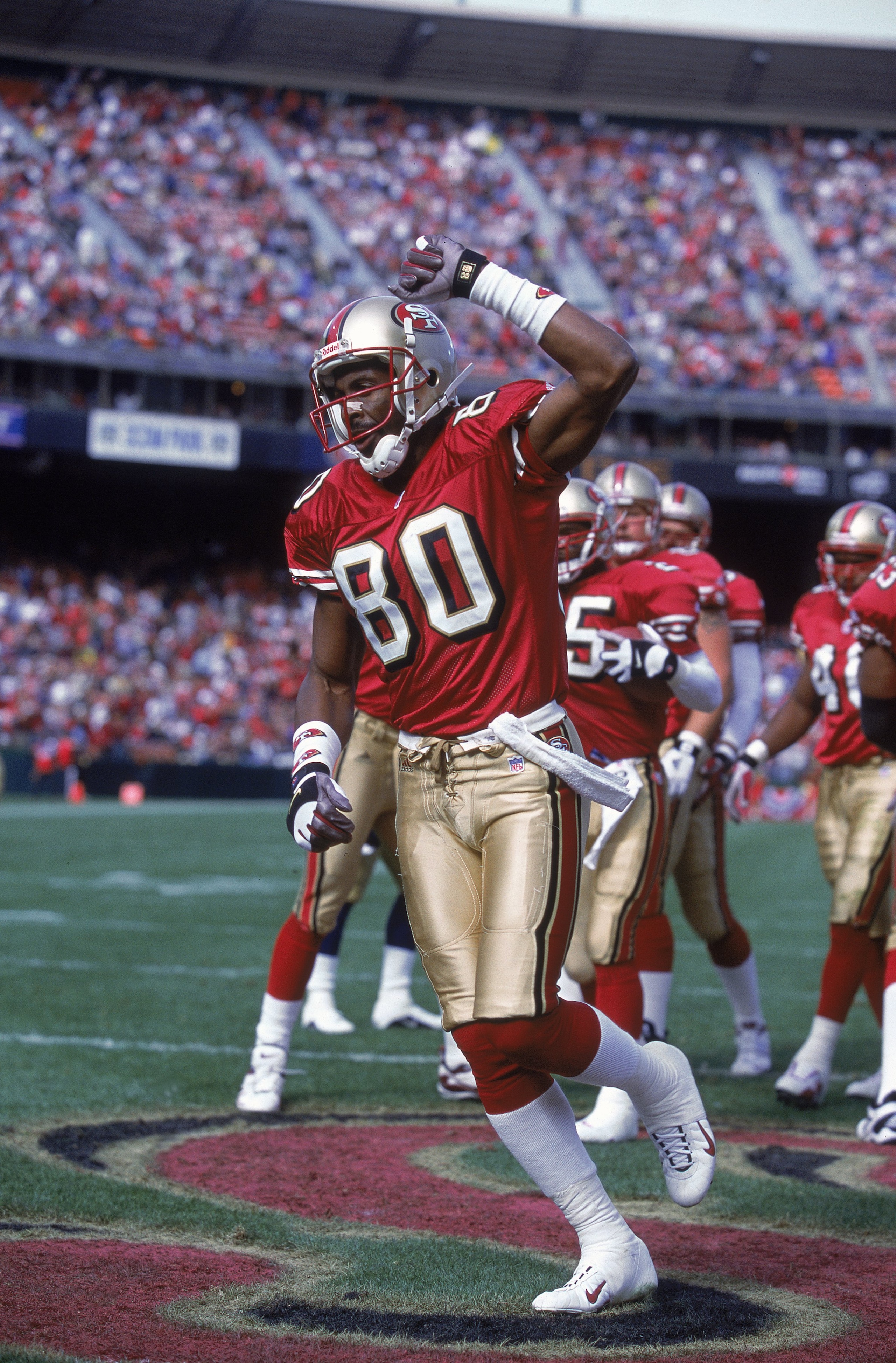 29 Oct 2000:  Jerry Rice #80 of the San Francisco 49ers celebrates during the game against the St. Louis Rams at 3 COM park in San Francisco, California.  The Rams defeated the 49ers 34-24.Mandatory Credit: Harry How  /Allsport