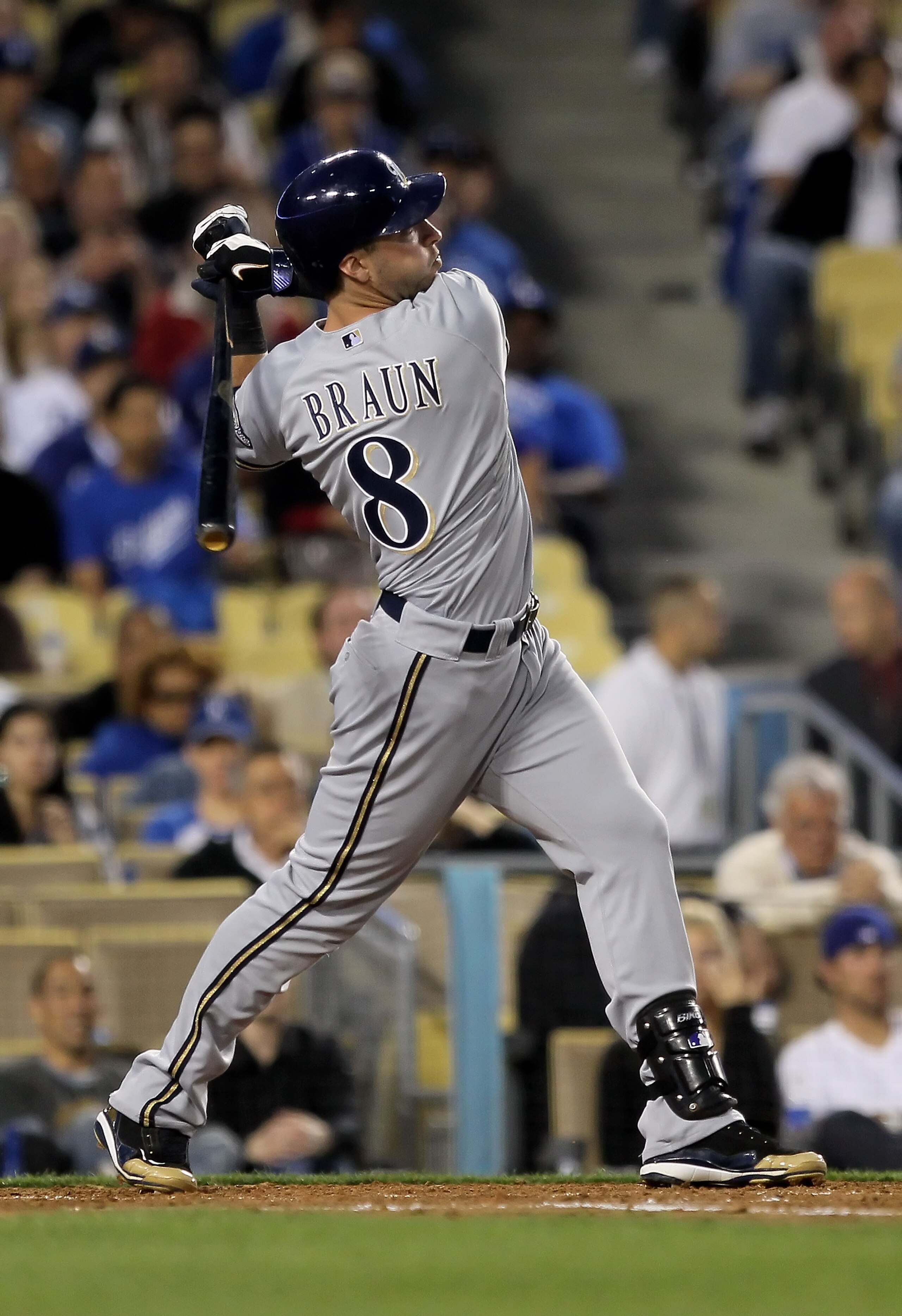 LOS ANGELES, CA - MAY 04: Ryan Braun #8 of the Milwaukee Brewers hits a double scoring three runs in the second inning against the Los Angeles Dodgers at Dodger Stadium on May 4, 2010 in Los Angeles, California. (Photo by Jeff Gross/Getty Images) LOS ANGELES, CA - MAY 04: Ryan Braun #8 of the Milwaukee Brewers hits a double scoring three runs in the second inning against the Los Angeles Dodgers at Dodger Stadium on May 4, 2010 in Los Angeles, California. (Photo by Jeff Gross/Getty Images)