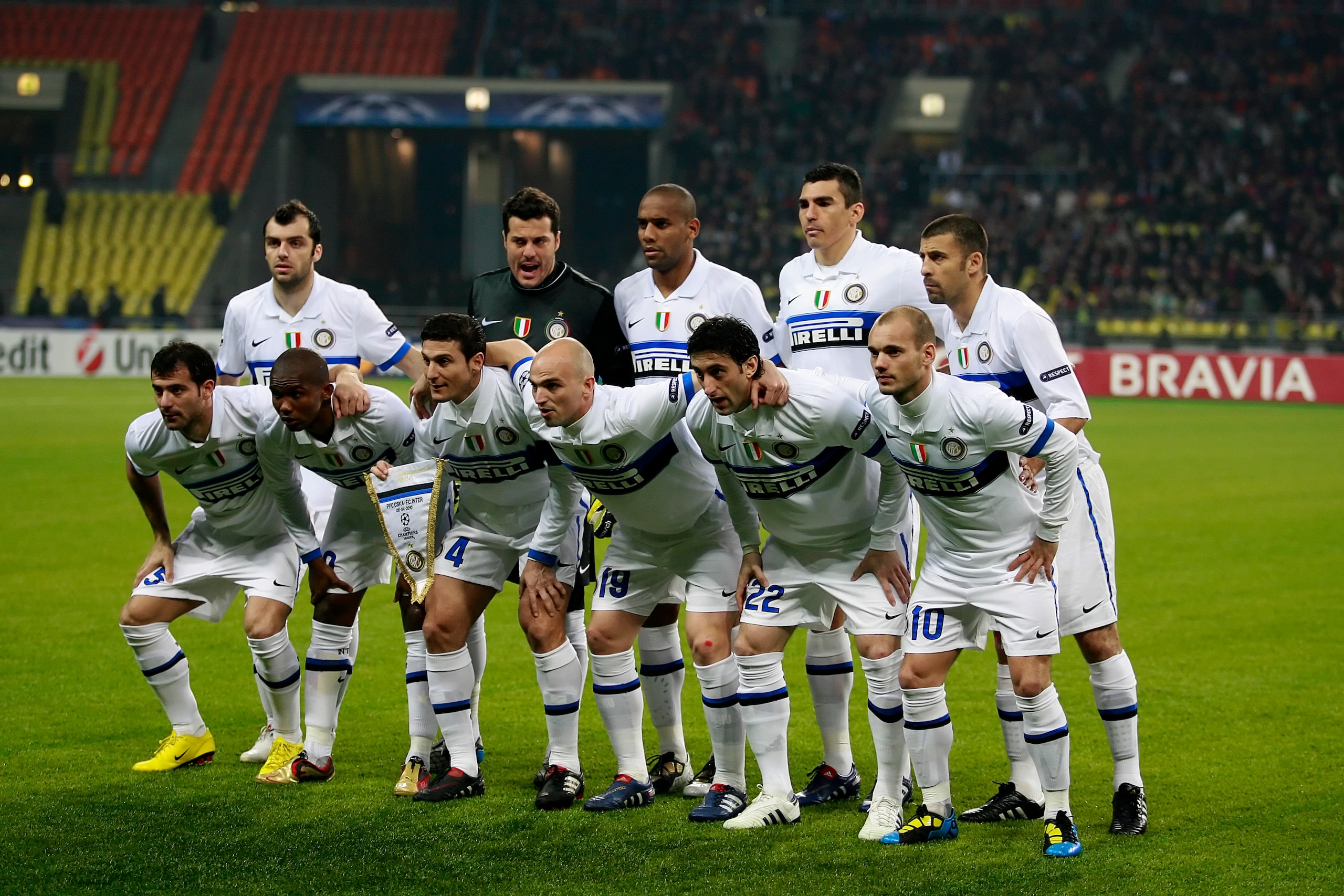 MOSCOW, RUSSIA - APRIL 06: Players of FC Internazionale Milano squad line up ahead of the UEFA Champions League Quarter Finals, Second Leg match between CSKA Moscow and FC Internazionale Milano at Luzhniki Stadium on April 06, 2010 in Moscow, Russia.  (Ph