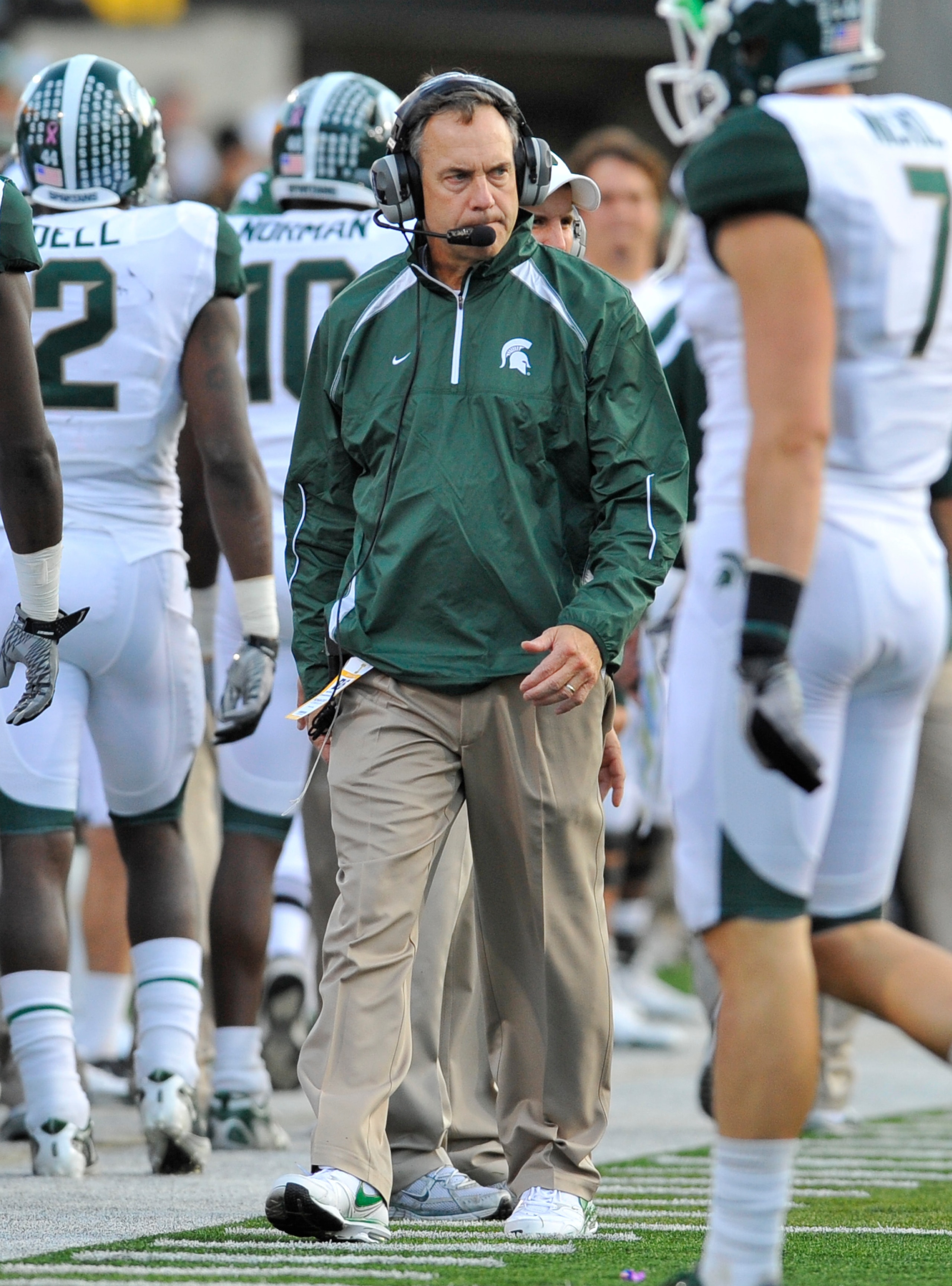IOWA CITY, IA - OCTOBER 30: Michigan State Spartans head coach Mark Dantonio looks on from the sidelines during play against the University of Iowa Hawkeyes at Kinnick Stadium on October 30, 2010 in Iowa City, Iowa. Iowa won 37-6 over Michigan State. (Pho IOWA CITY, IA - OCTOBER 30: Michigan State Spartans head coach Mark Dantonio looks on from the sidelines during play against the University of Iowa Hawkeyes at Kinnick Stadium on October 30, 2010 in Iowa City, Iowa. Iowa won 37-6 over Michigan State. (Pho