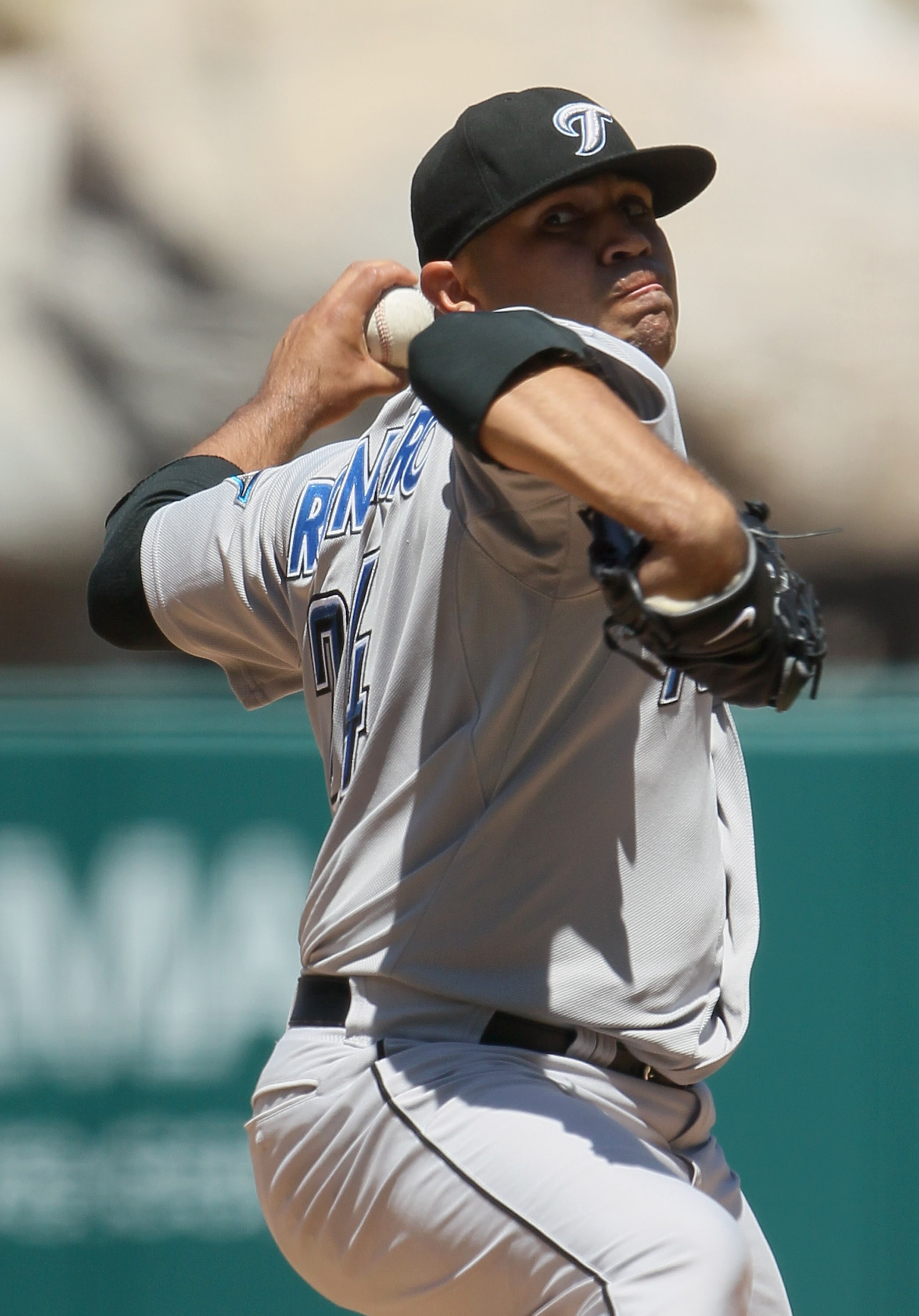ANAHEIM, CA - AUGUST 15:  Ricky Romero #24 of the Toronto Blue Jays pitches against the Los Angeles Angels of Anaheim at Angel Stadium on August 15, 2010 in Anaheim, California. The Blue Jays defeated the Angels 4-1.  (Photo by Jeff Gross/Getty Images)