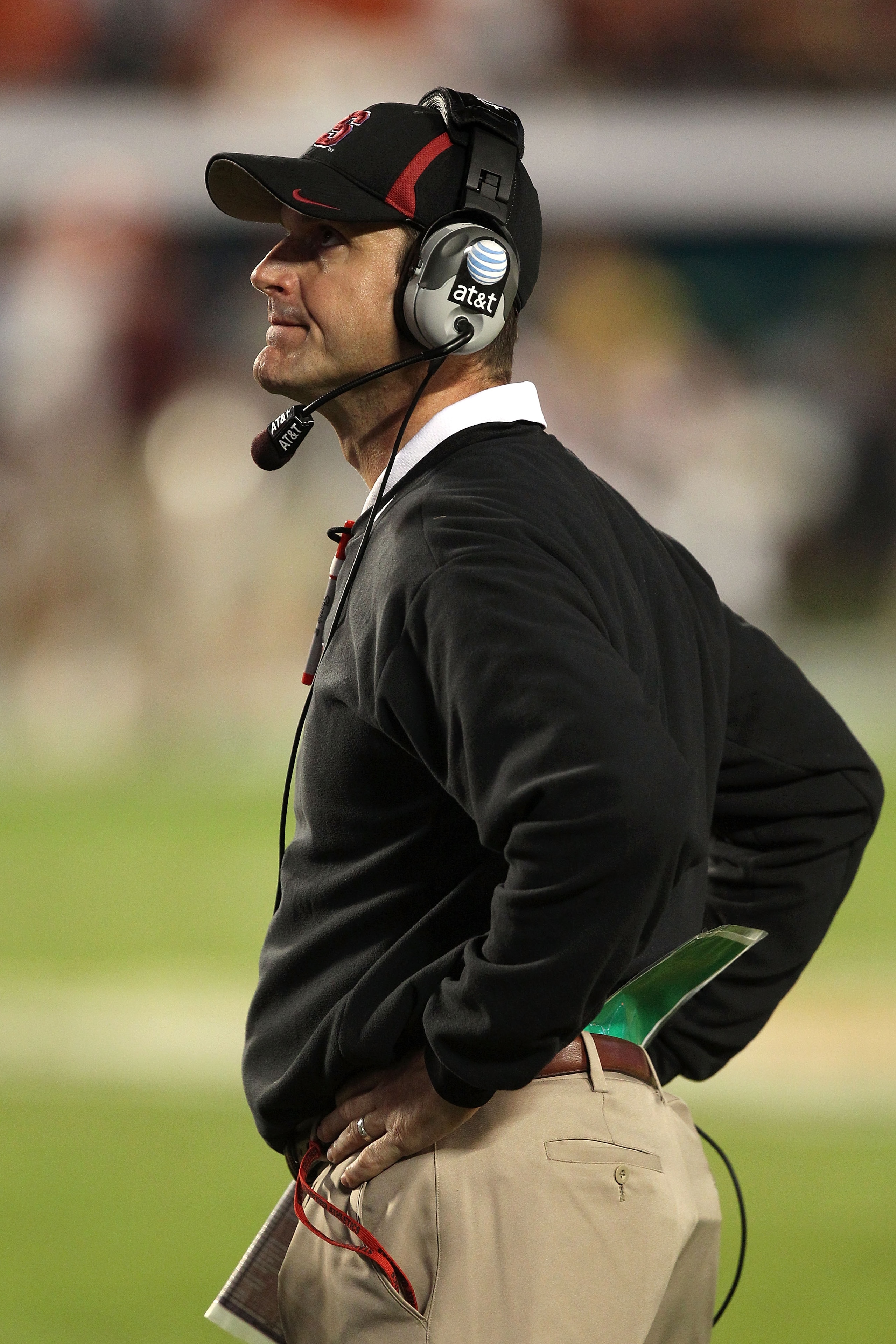 MIAMI, FL - JANUARY 03:  Head coach Jim Harbaugh of the Stanford Cardinal looks on against the Virginia Tech Hokies during the 2011 Discover Orange Bowl at Sun Life Stadium on January 3, 2011 in Miami, Florida. Stanford won 40-12. (Photo by Streeter Lecka
