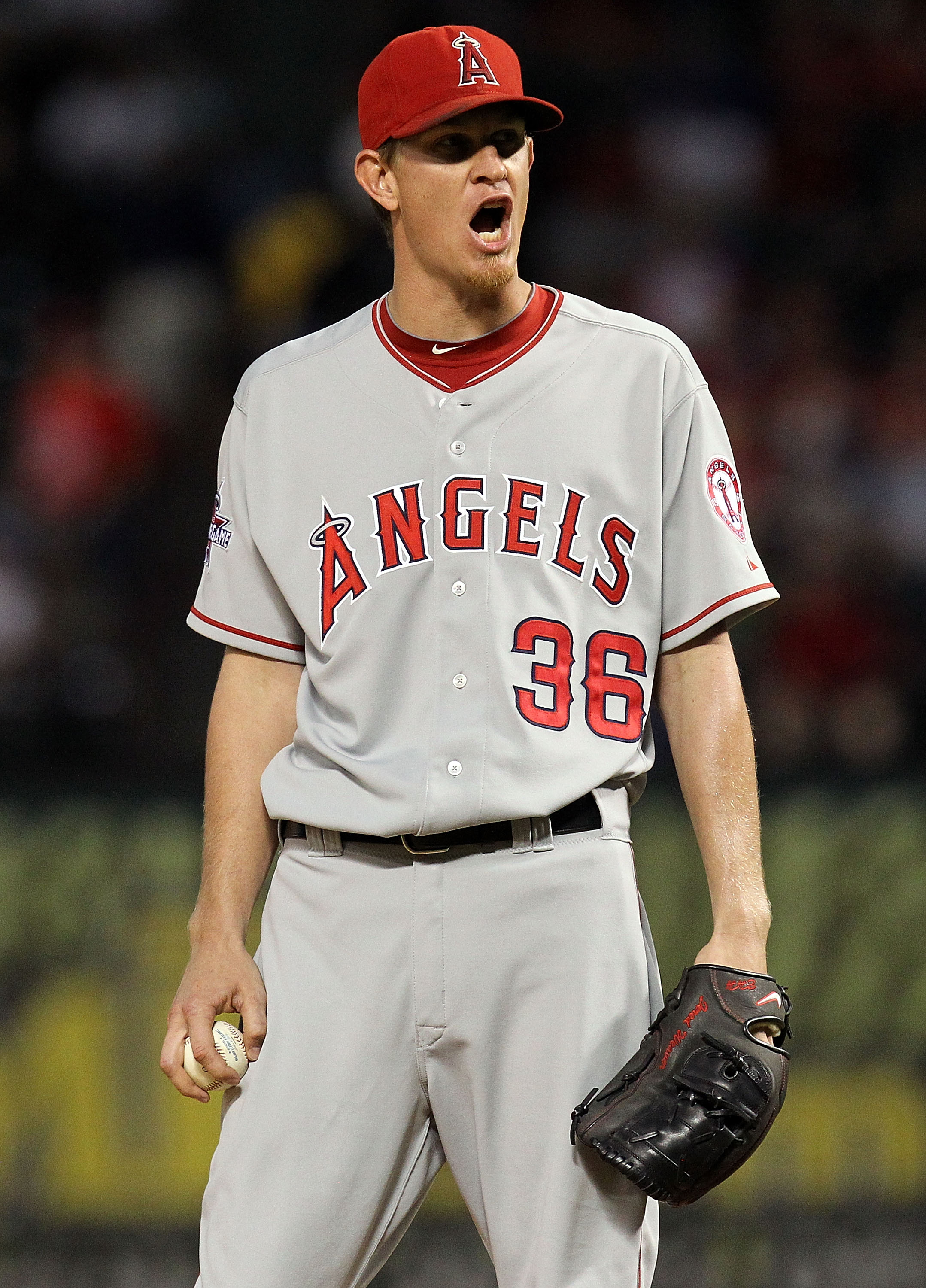 ARLINGTON, TX - OCTOBER 01:  Pitcher Jered Weaver #36 of the Los Angeles Angels of Anaheim reacts after called for a balk against the Texas Rangers at Rangers Ballpark in Arlington on October 1, 2010 in Arlington, Texas.  (Photo by Ronald Martinez/Getty I