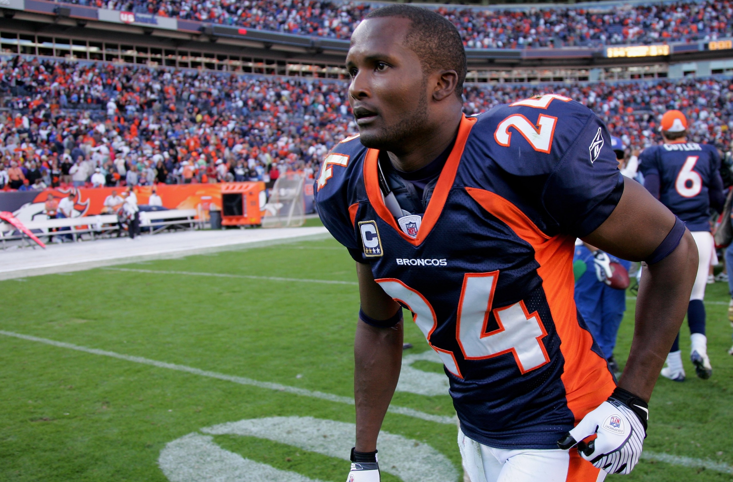 DENVER - SEPTEMBER 14:  Cornerback Champ Bailey #24 of the Denver Broncos leaves the field after facing the San Diego Chargers during NFL action at Invesco Field at Mile High on September 14, 2008 in Denver, Colorado. The Broncos defeated the Chargers 39-