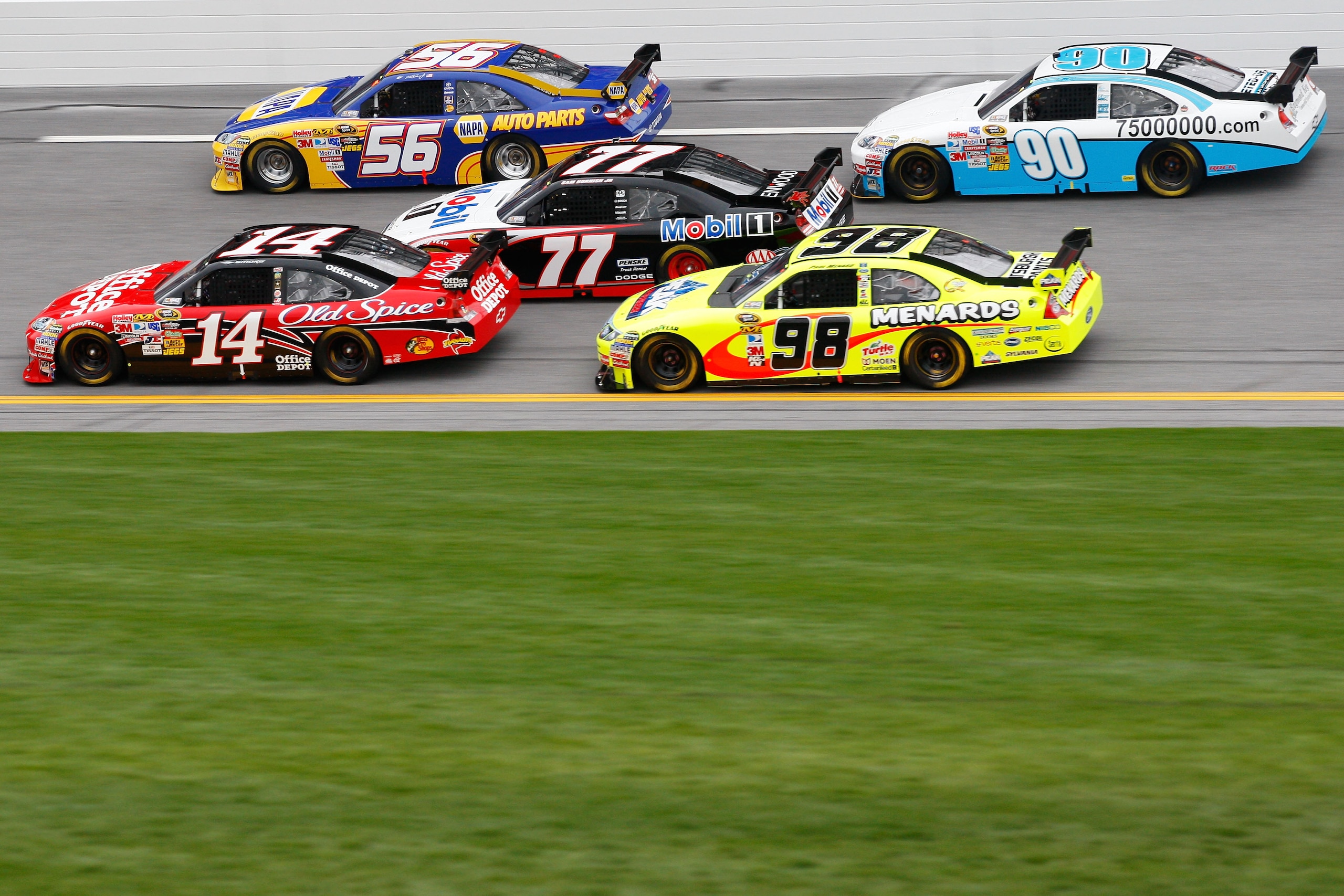 DAYTONA BEACH, FL - FEBRUARY 11:  Tony Stewart, driver of the #14 Old Spice/Office Depot Chevrolet, Martin Truex Jr., driver of the #56 NAPA Auto Parts Toyota, Sam Hornish Jr., driver of the #77 Mobil 1 Dodge, Paul Menard, driver of the #98 Peak/Menards F