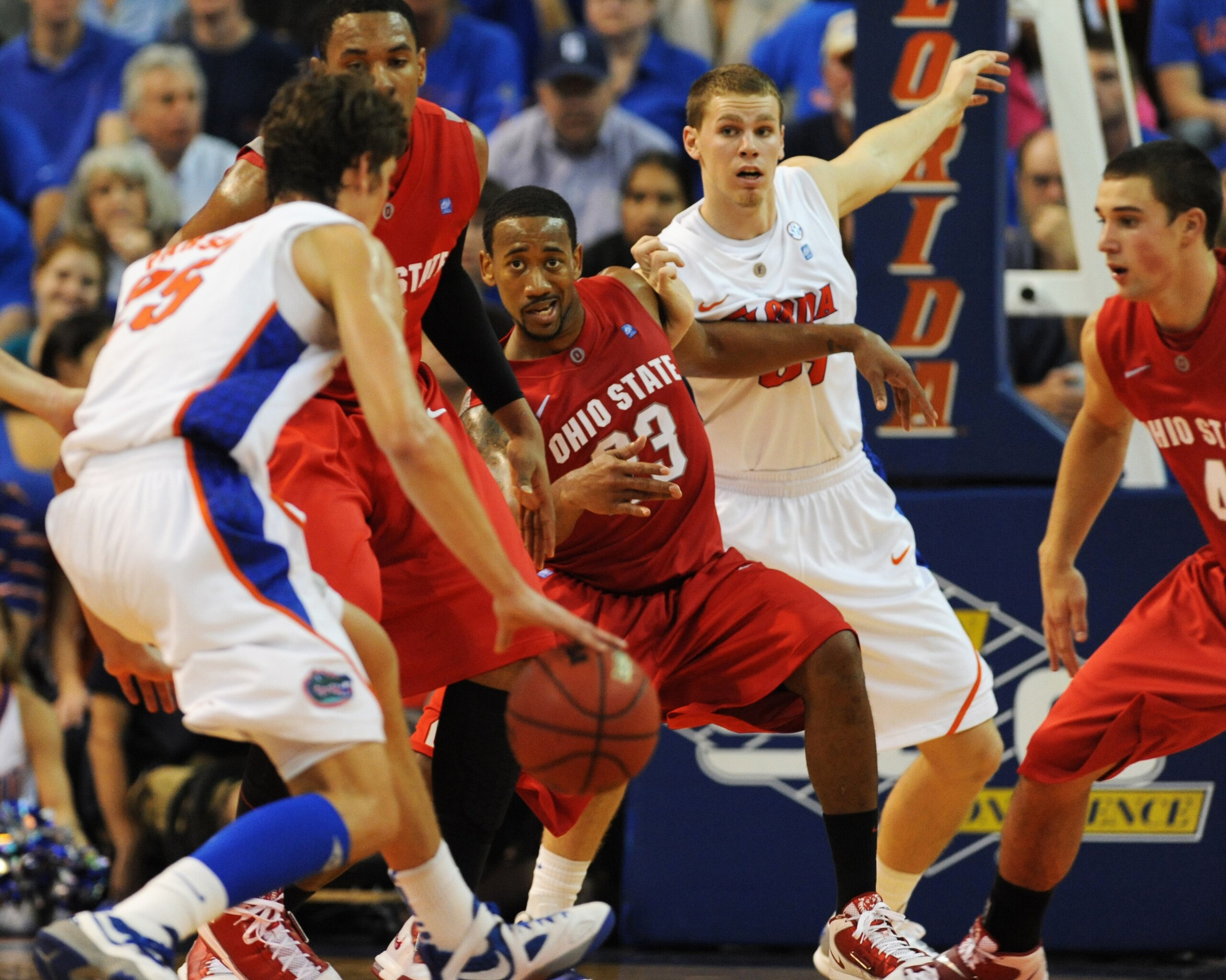 GAINESVILLE, FL - NOVEMBER 16: Guard David Lighty #23 of the Ohio State Buckeyes sets on defense against the Florida Gators November 16, 2010 at the Stephen C. O'Connell Center in Gainesville, Florida.  (Photo by Al Messerschmidt/Getty Images)