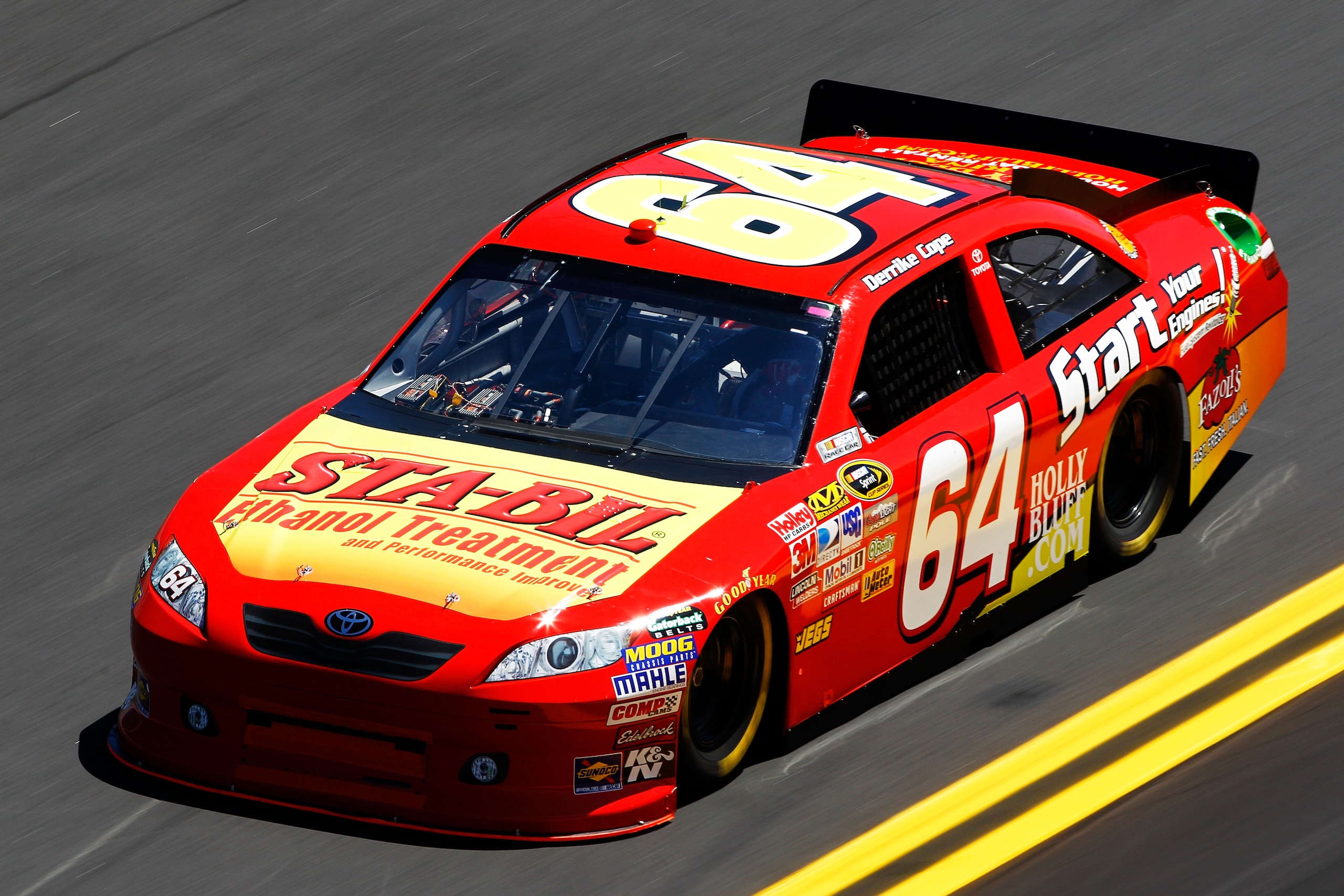DAYTONA BEACH, FL - FEBRUARY 12:  Derrike Cope, driver of the #64 Sta-Bil Toyota, practices for the NASCAR Sprint Cup Series Daytona 500 at Daytona International Speedway on February 12, 2011 in Daytona Beach, Florida.  (Photo by Chris Graythen/Getty Imag