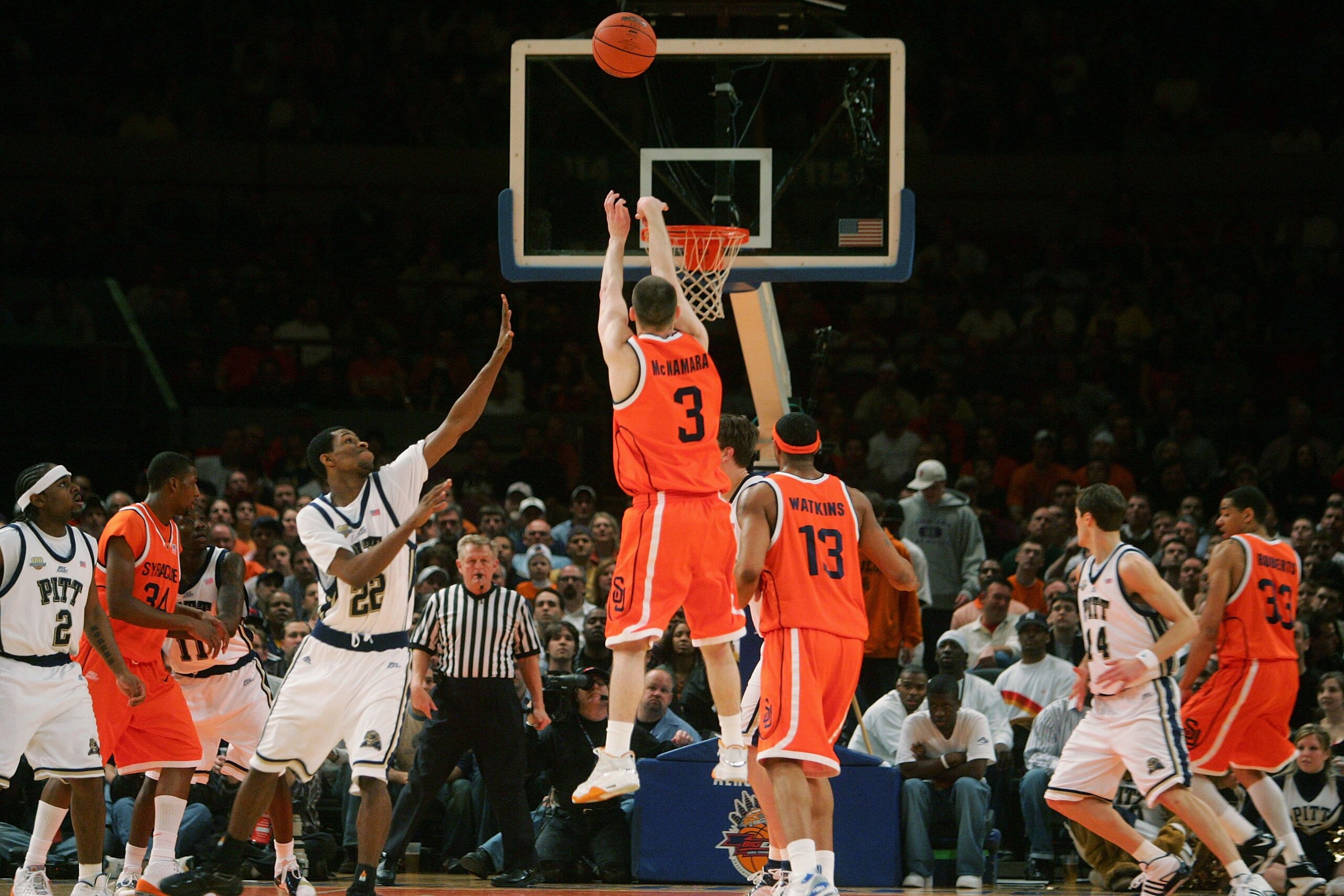 NEW YORK - MARCH 11:  Gerry McNamara #3 of the Syracuse Orange shoots a three-pointer against the Pittsburgh Panthers during the Big East Men's Basketball Championship Final at Madison Square Garden on March 11, 2006 in New York City.  (Photo by Jim McIsa