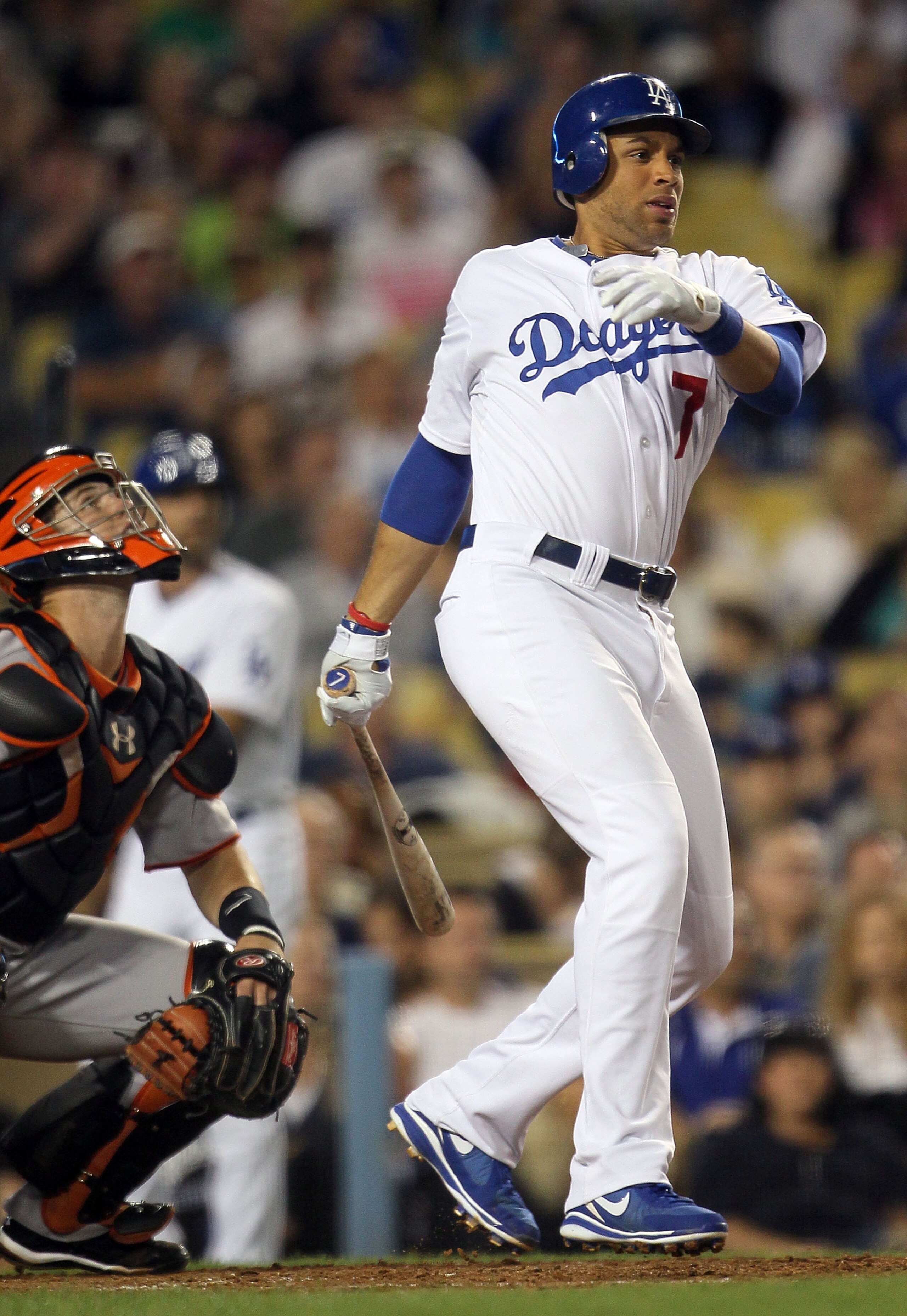 LOS ANGELES, CA - SEPTEMBER 04: James Looney #7 of the Los Angeles Dodgers at bat against the San Francisco Giants during the game at Dodger Stadium on September 4, 2010 in Los Angeles, California. (Photo by Jeff Gross/Getty Images) LOS ANGELES, CA - SEPTEMBER 04: James Looney #7 of the Los Angeles Dodgers at bat against the San Francisco Giants during the game at Dodger Stadium on September 4, 2010 in Los Angeles, California. (Photo by Jeff Gross/Getty Images)