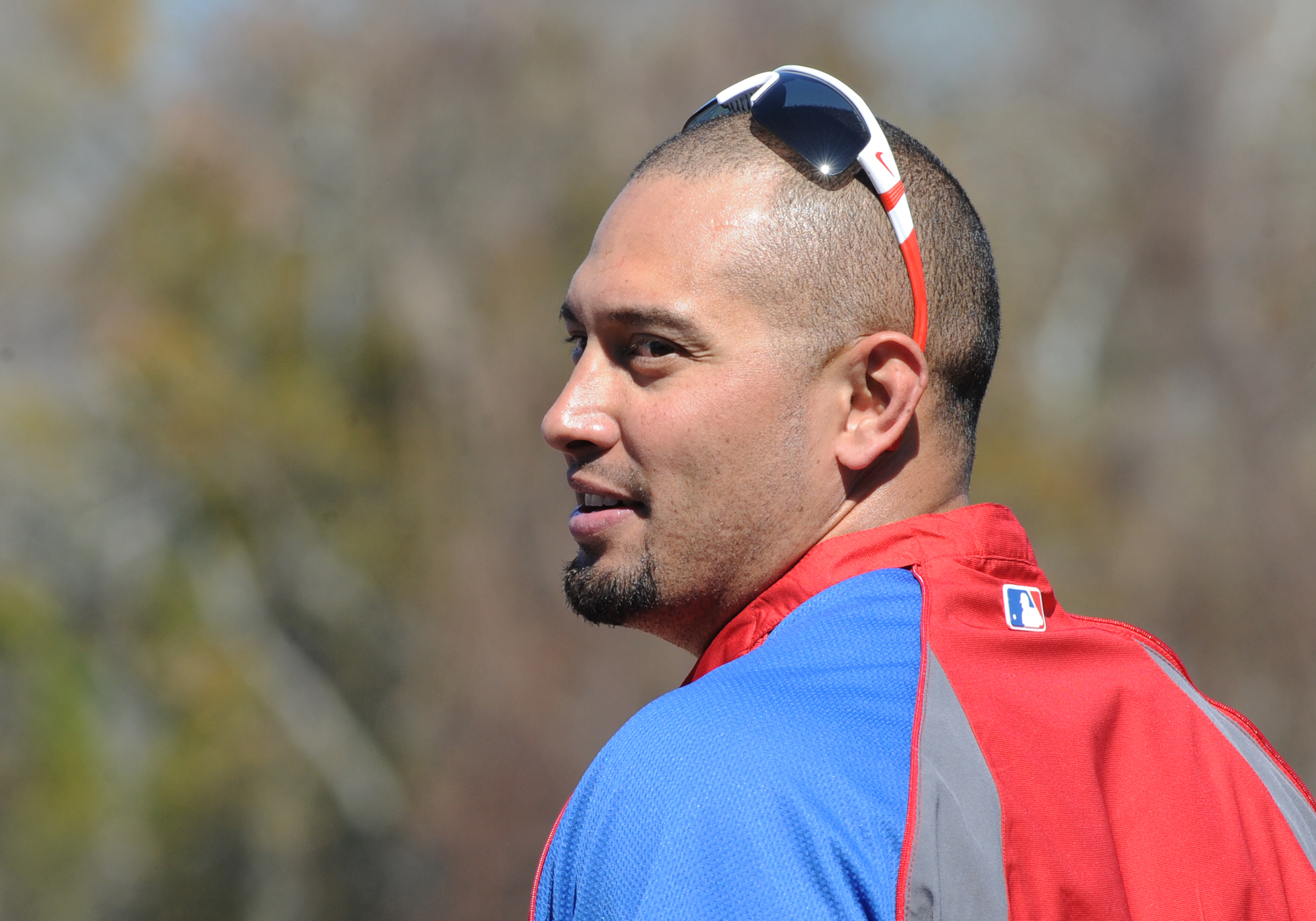 CLEARWATER, FL - FEBRUARY 19:  Outfielder Shane Victorino #8 of the Philadelphia Phillies sets for batting practice during a spring training workout February 19, 2011 the Carpenter Complex at Bright House Field in Clearwater, Florida. (Photo by Al Messers