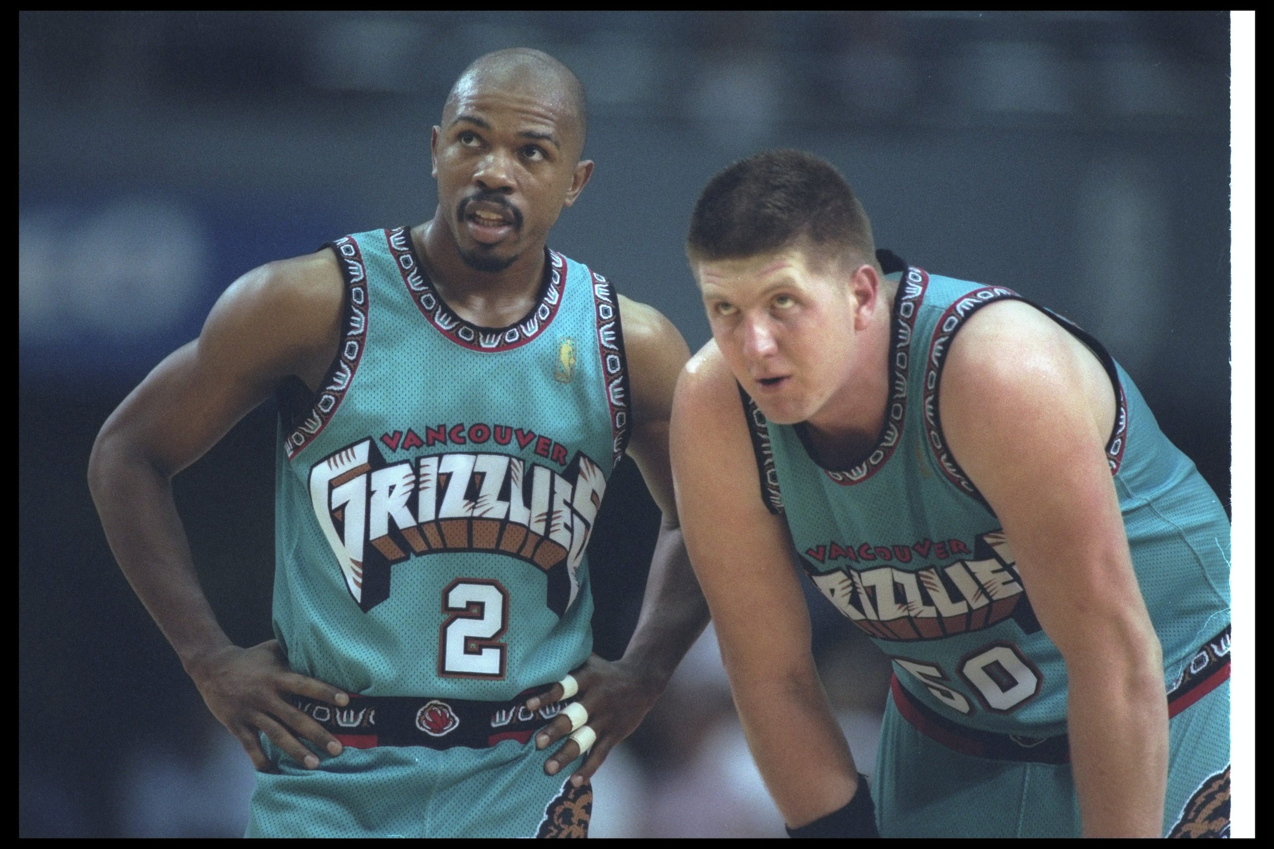 25 Mar 1997:  Vancouver Grizzlies guard Greg Anthony (left) and teammate center Bryant Reeves look on during a game against the Los Angeles Clippers at the Los Angeles Sports Arena in Los Angeles, California.  The Clippers won the game, 110-104. Mandatory