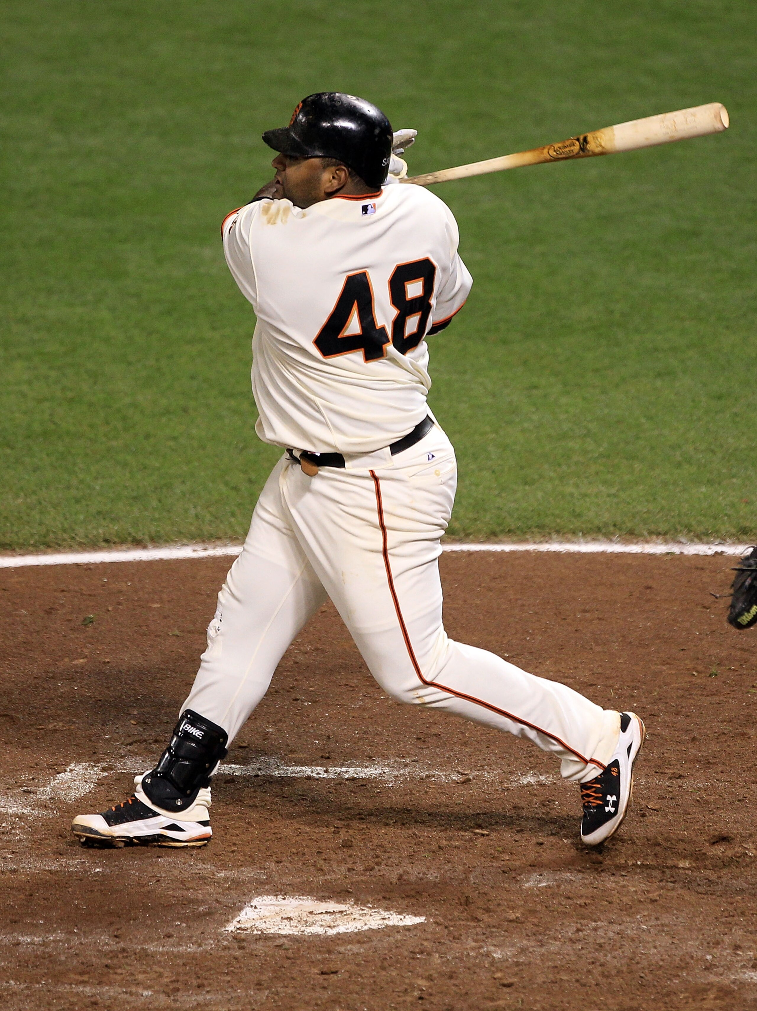 SAN FRANCISCO - OCTOBER 20: Pablo Sandoval #48 of the San Francisco Giants hits an RBI double in the sixth inning against the Philadelphia Phillies in Game Four of the NLCS during the 2010 MLB Playoffs at AT&T Park on October 20, 2010 in San Francisco, C SAN FRANCISCO - OCTOBER 20: Pablo Sandoval #48 of the San Francisco Giants hits an RBI double in the sixth inning against the Philadelphia Phillies in Game Four of the NLCS during the 2010 MLB Playoffs at AT&T Park on October 20, 2010 in San Francisco, C