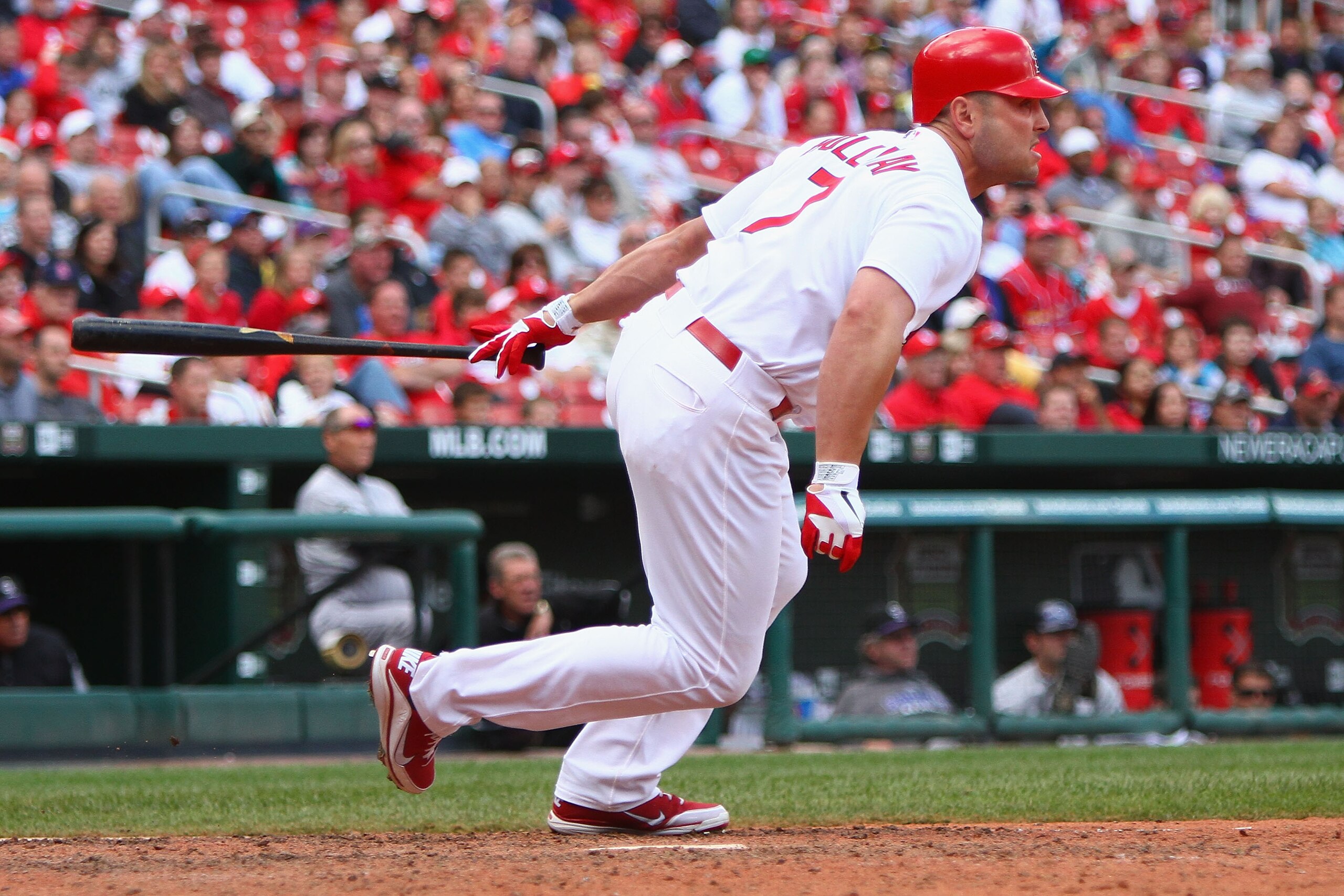 ST. LOUIS - OCTOBER 2: Matt Holliday #7 of the St. Louis Cardinals hits a walk-off single against the Colorado Rockies at Busch Stadium on October 2, 2010 in St. Louis, Missouri.  The Cardinals beat the Rockies 1-0 in 11 innings.  (Photo by Dilip Vishwana