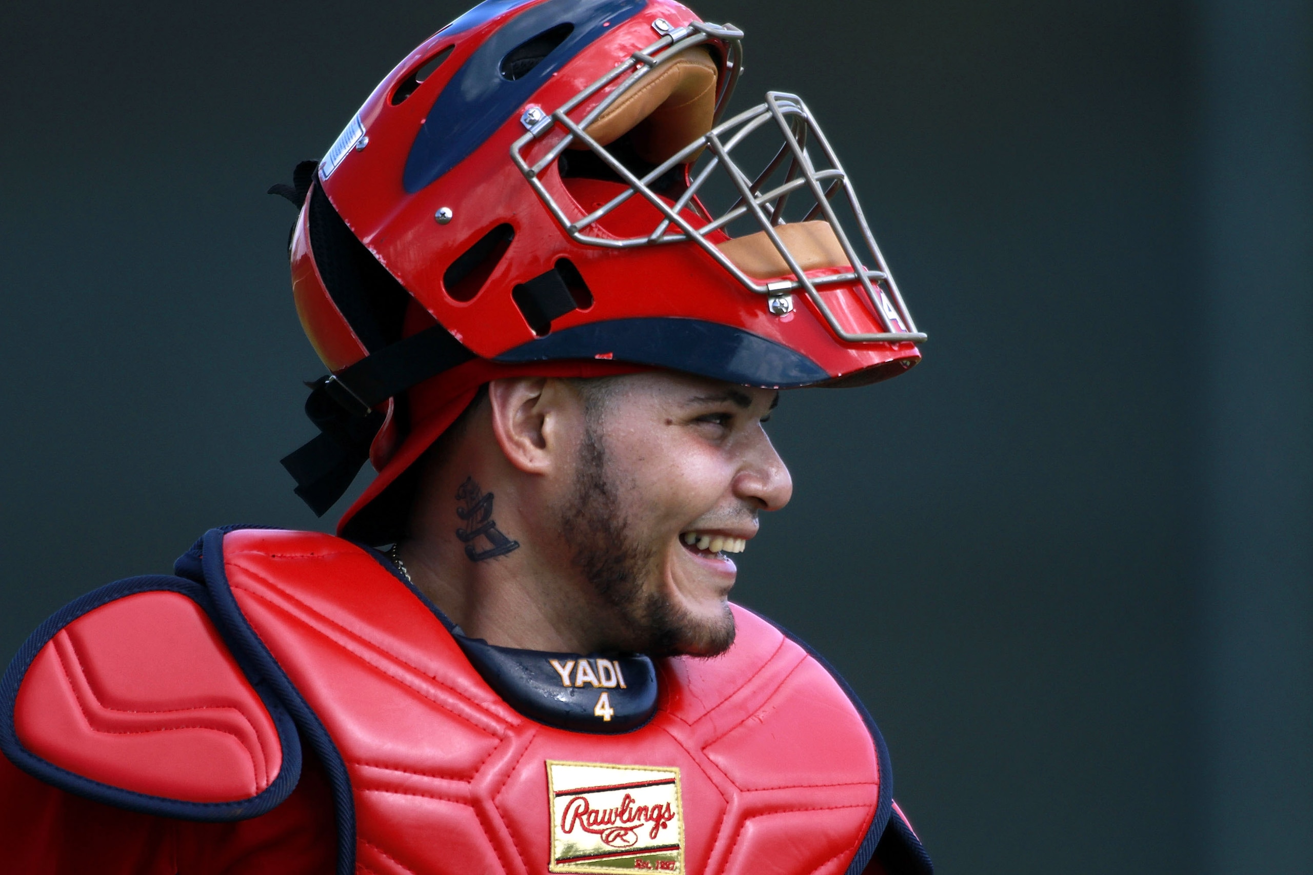 JUPITER, FL - FEBRUARY 16:  Catcher Yadier Molina #4 of the St. Louis Cardinals trains at Roger Dean Stadium on February 16, 2011 in Jupiter, Florida.  (Photo by Marc Serota/Getty Images)