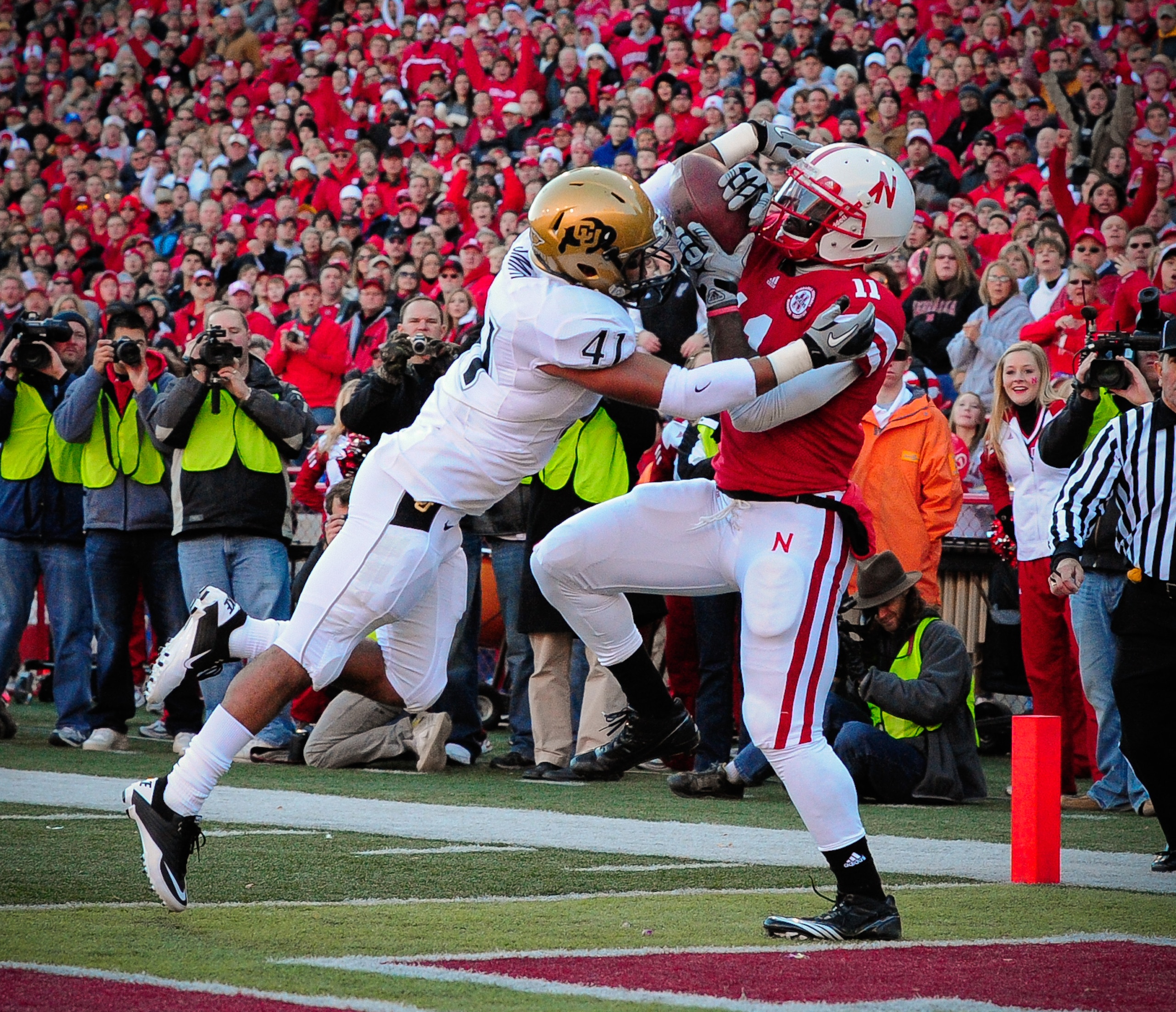 LINCOLN, NE - NOVEMBER 26: Terrel Smith #41 of the Colorado Buffaloes breaks up a pass intended for Curenski Gilleylen #11 of the Nebraska Cornhuskers during the first half of their game at Memorial Stadium on November 26, 2010 in Lincoln, Nebraska. (Pho LINCOLN, NE - NOVEMBER 26: Terrel Smith #41 of the Colorado Buffaloes breaks up a pass intended for Curenski Gilleylen #11 of the Nebraska Cornhuskers during the first half of their game at Memorial Stadium on November 26, 2010 in Lincoln, Nebraska. (Pho