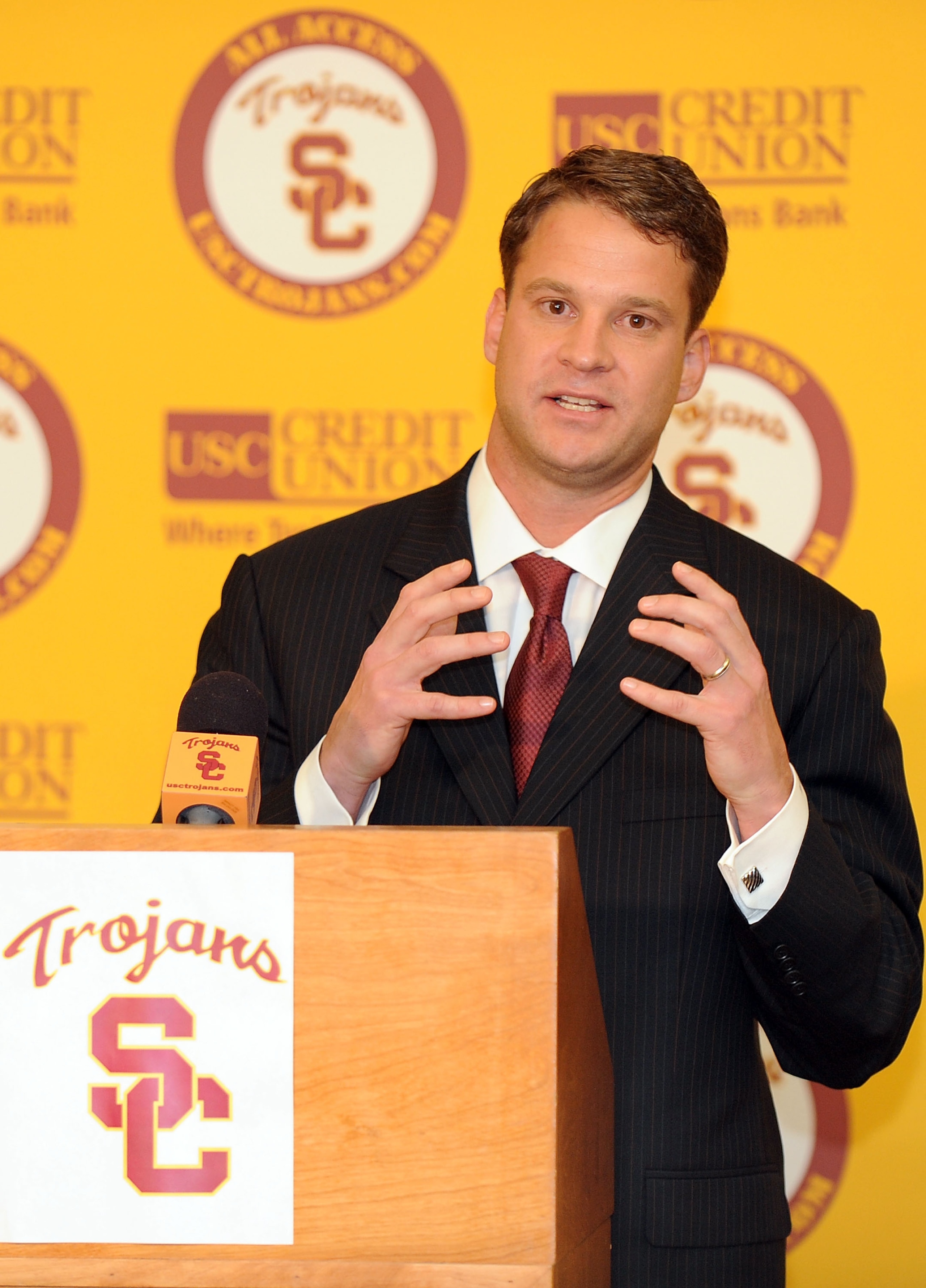LOS ANGELES, CA - JANUARY 13:  New head coach of the USC Trojans Lane Kiffin speaks to the media during a press conference at Heritage Hall January 13, 2010 in Los Angeles, California.  (Photo by Harry How/Getty Images)