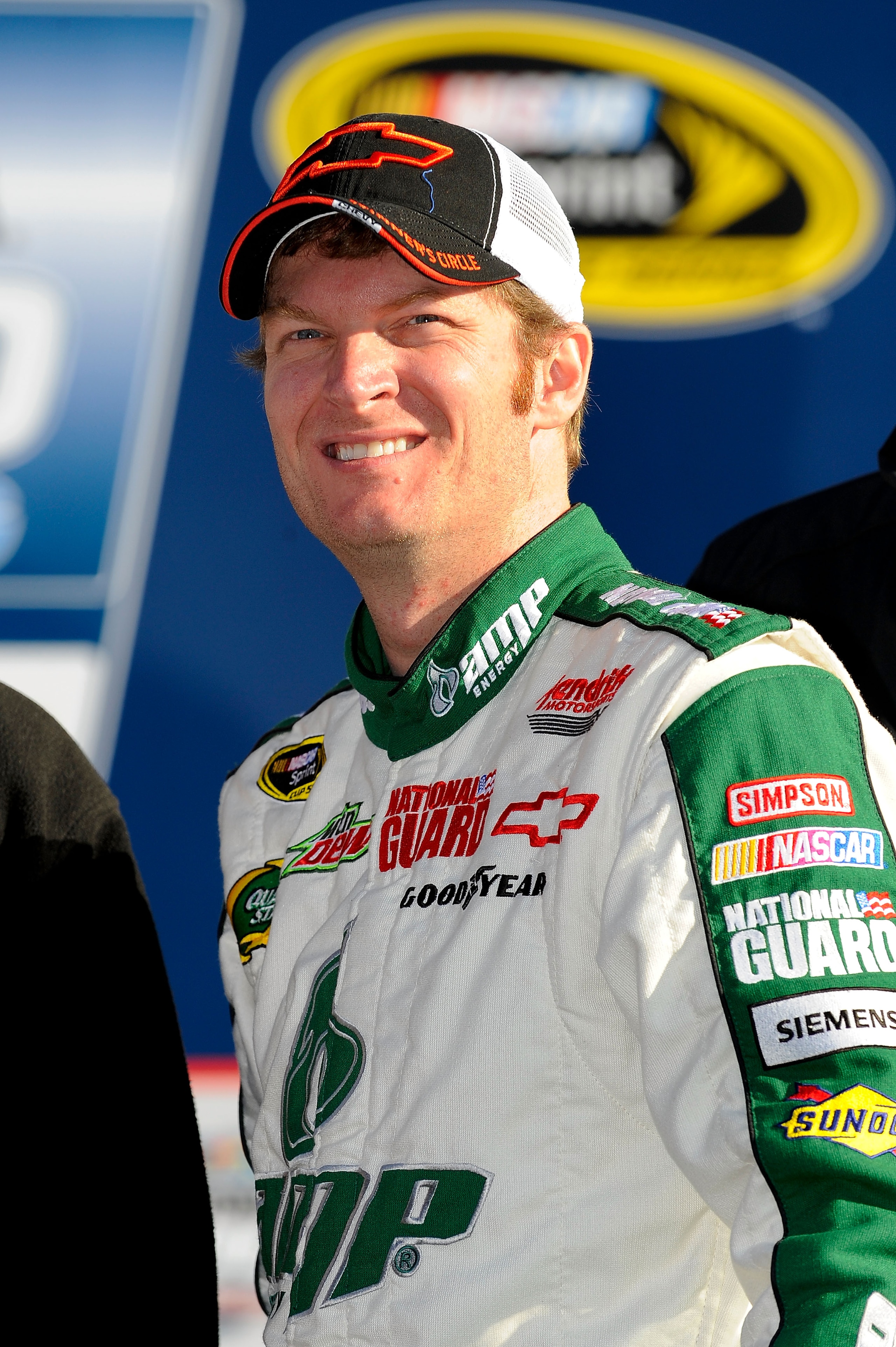 DAYTONA BEACH, FL - FEBRUARY 13: Pole award winner Dale Earnhardt Jr., driver of the #88 National Guard/AMP Energy Chevrolet, poses in victory lane after qualifying for the NASCAR Sprint Cup Series Daytona 500 at Daytona International Speedway on Februar DAYTONA BEACH, FL - FEBRUARY 13: Pole award winner Dale Earnhardt Jr., driver of the #88 National Guard/AMP Energy Chevrolet, poses in victory lane after qualifying for the NASCAR Sprint Cup Series Daytona 500 at Daytona International Speedway on Februar