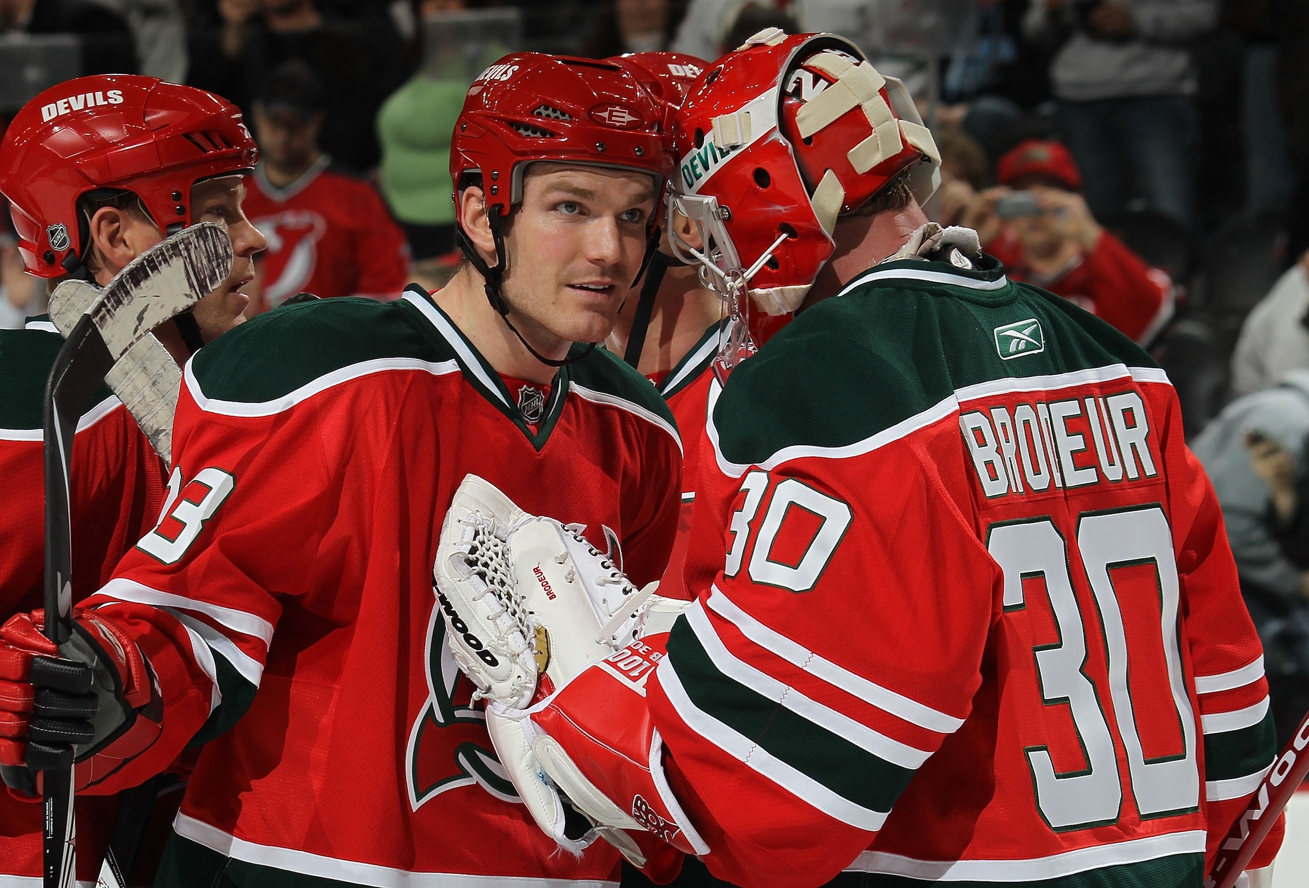 NEWARK, NJ - MARCH 17:  Martin Brodeur #30 and David Clarkson #23 of the New Jersey Devils celebrate a win against the Pittsburgh Penguins at the Prudential Center on March 17, 2010 in Newark, New Jersey.  (Photo by Bruce Bennett/Getty Images)