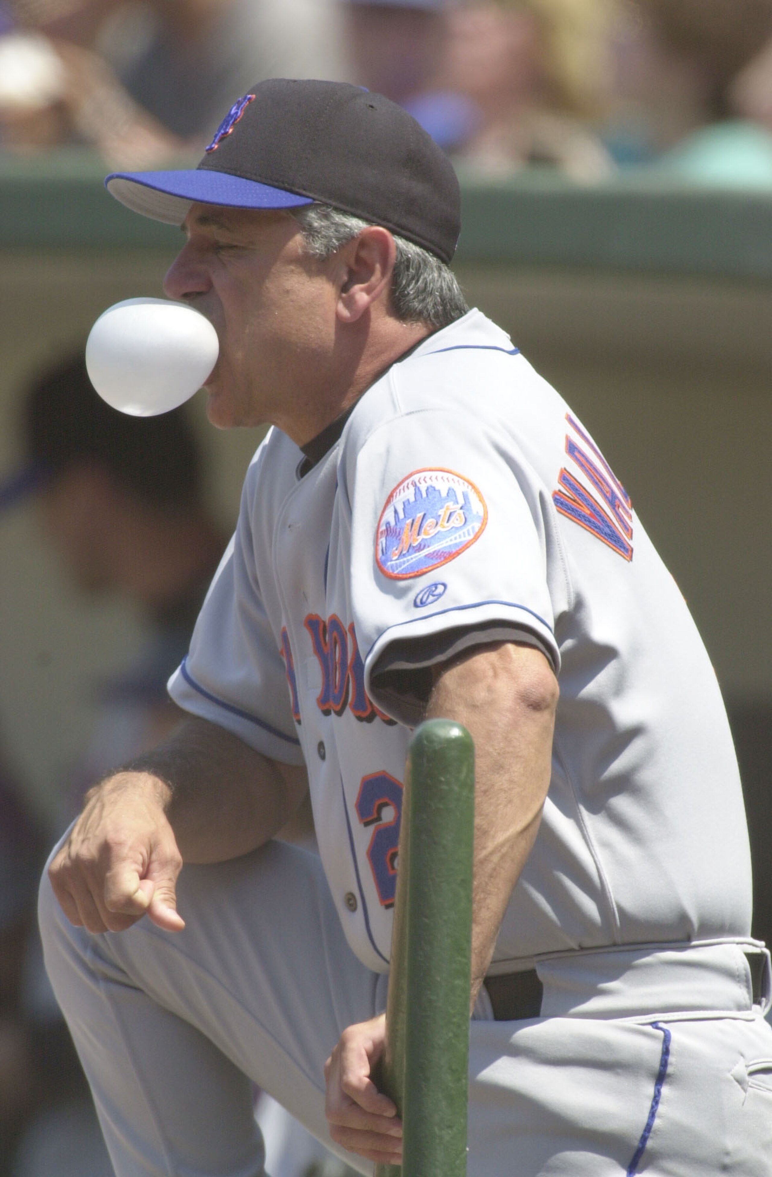 26 Jun 2001:  Manager Bobby Valentine of the New York Mets blows a bubble as his his team takes on the Chicago Cubs at Wrigley Field in Chicago, Illinois.  The Cubs won 4-2.  DIGITAL IMAGE.  Mandatory Credit: Jonathan Daniel/Allsport