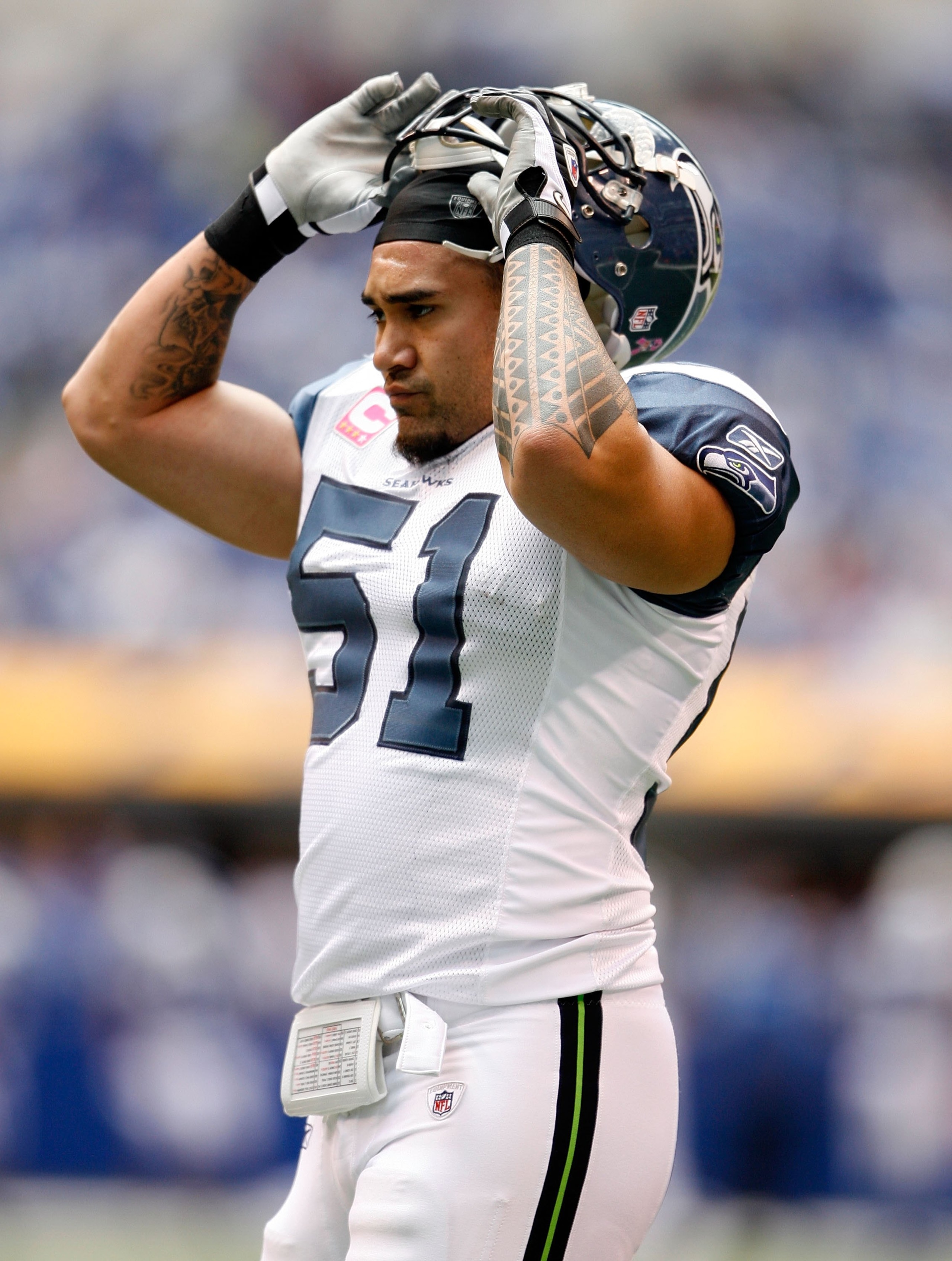 INDIANAPOLIS - OCTOBER 04:  Lofa Tatupu #51 of the the Seattle Seahawks is pictured during the NFL game against the Indianapolis Colts at Lucas Oil Stadium on October 4, 2009 in Indianapolis, Indiana.  (Photo by Andy Lyons/Getty Images)