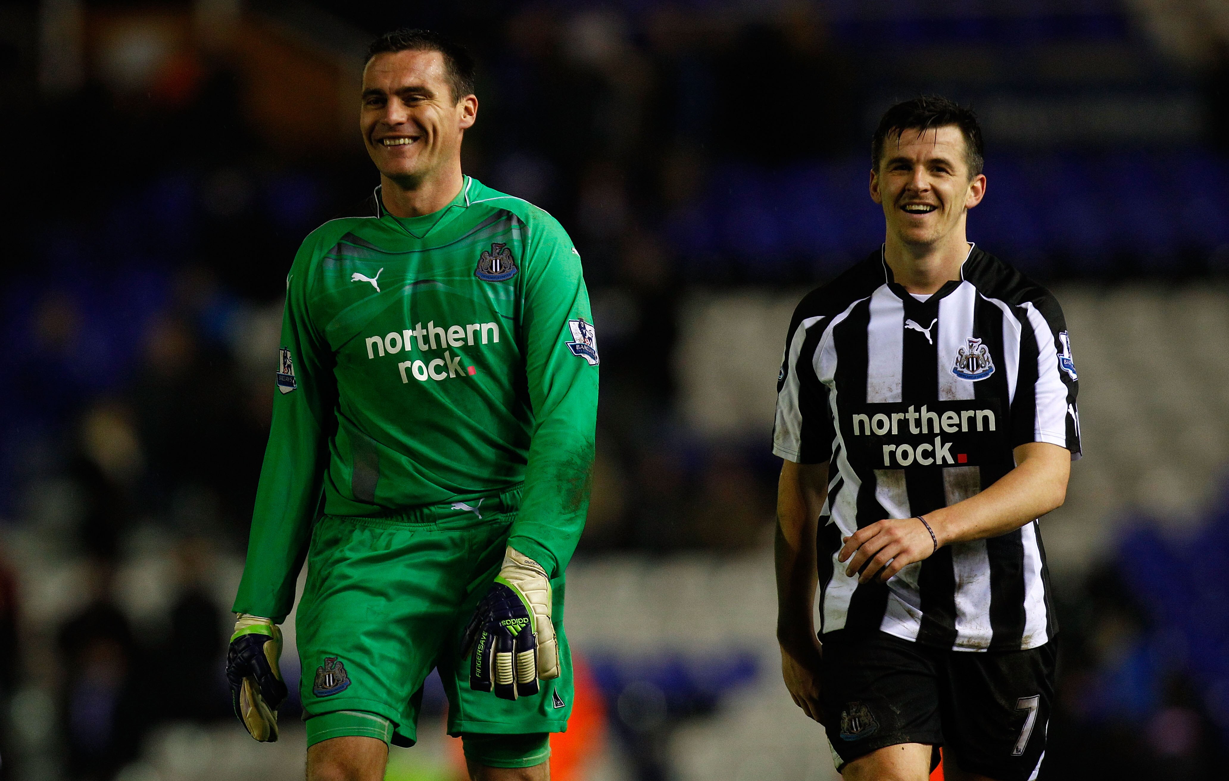 BIRMINGHAM, ENGLAND - FEBRUARY 15:  Newcastle goalkeeper Steve Harper (l) shares a joke with Joey Barton after the Barclays Premier League match between Birmingham City and Newcastle United at St Andrews on February 15, 2011 in Birmingham, England.  (Phot