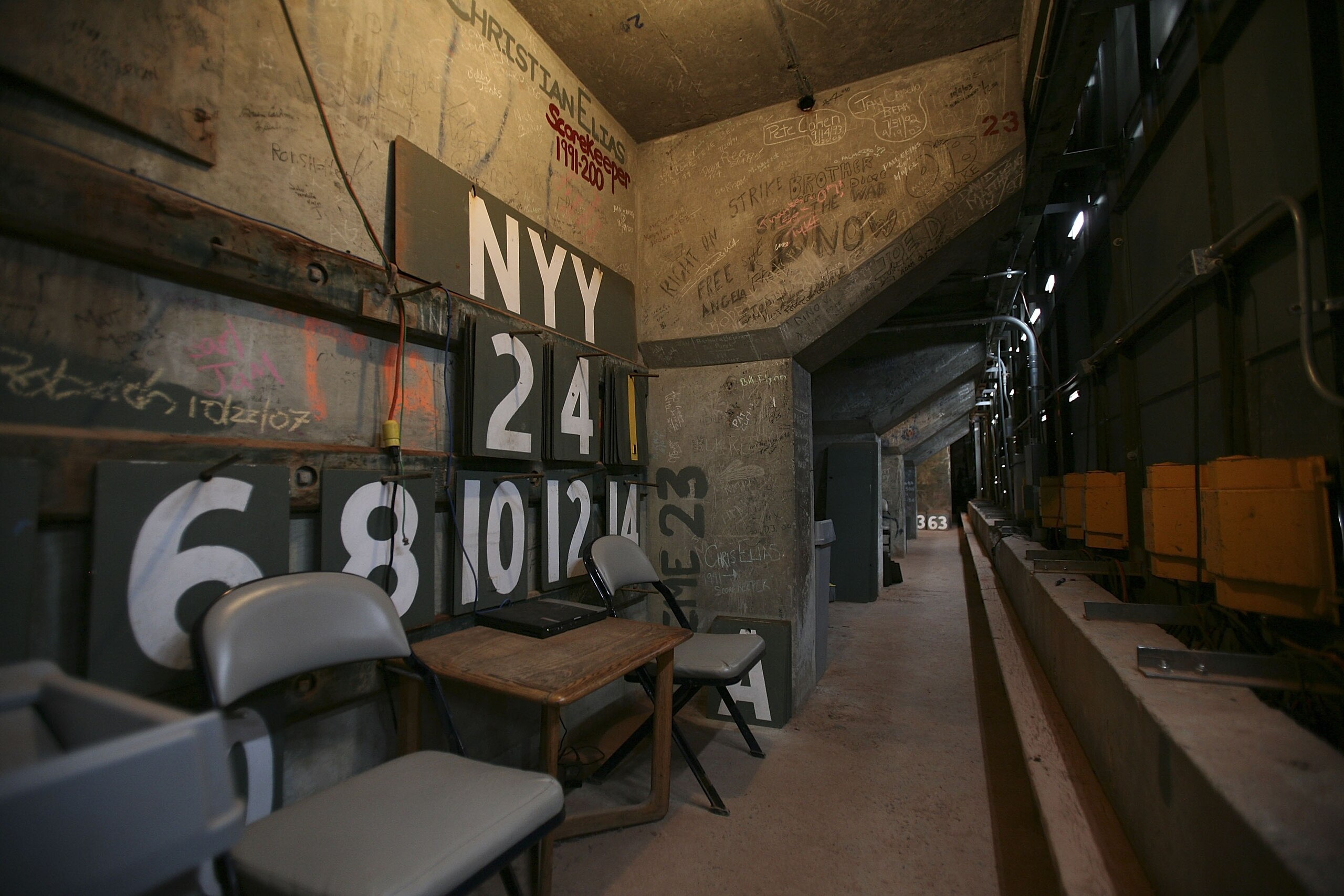 BOSTON - OCTOBER 24:  A view of the numbers used for the manual scoreboard are seen in the room behind the green monster prior to Game One of the 2007 Major League Baseball World Series between the Colorado Rockies and the Boston Red Sox at Fenway Park on
