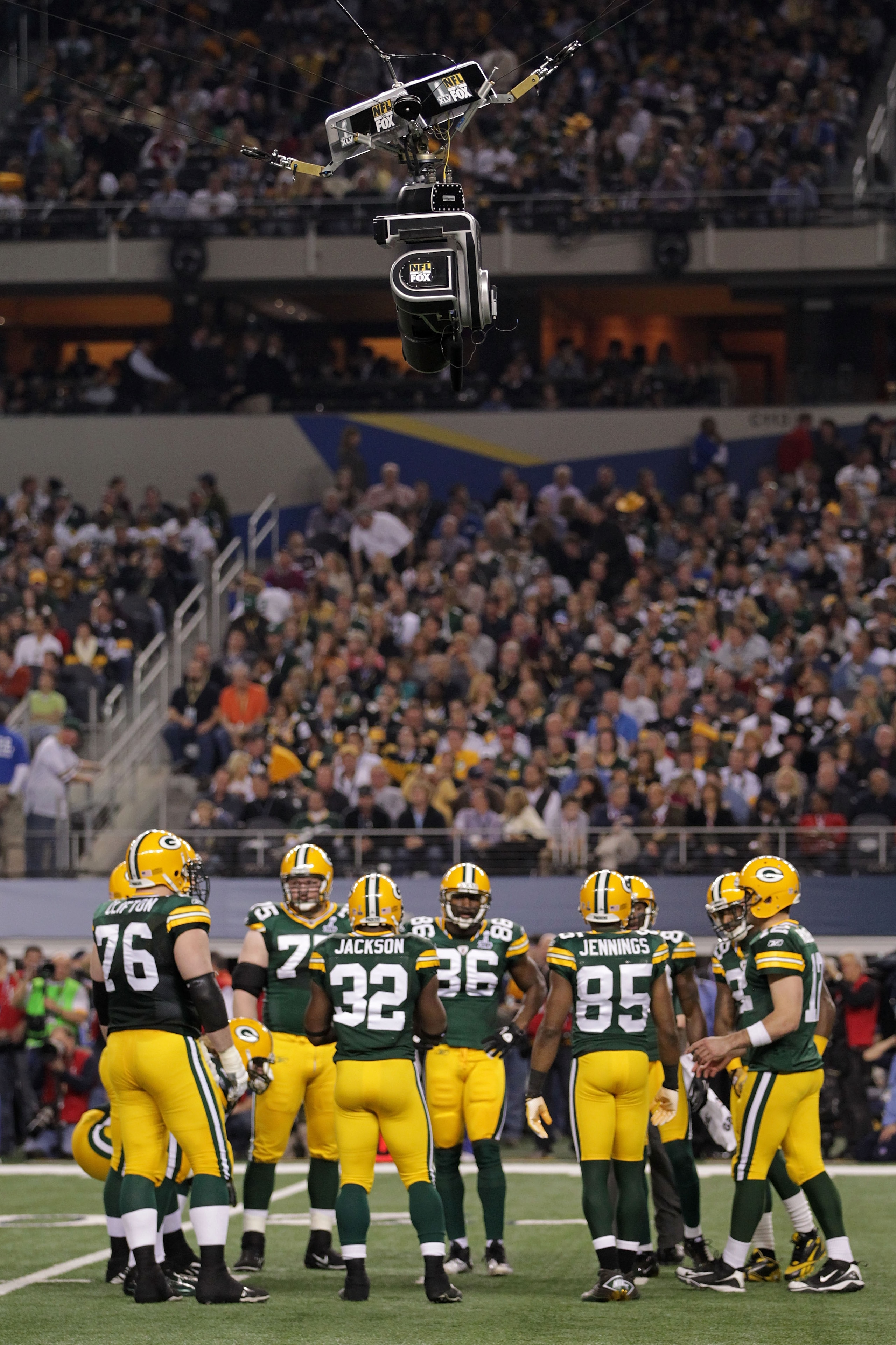 ARLINGTON, TX - FEBRUARY 06:  The Fox overhead cable camera is seen as it hovers above the Green Bay Packers offense during Super Bowl XLV at Cowboys Stadium on February 6, 2011 in Arlington, Texas.  (Photo by Doug Pensinger/Getty Images)