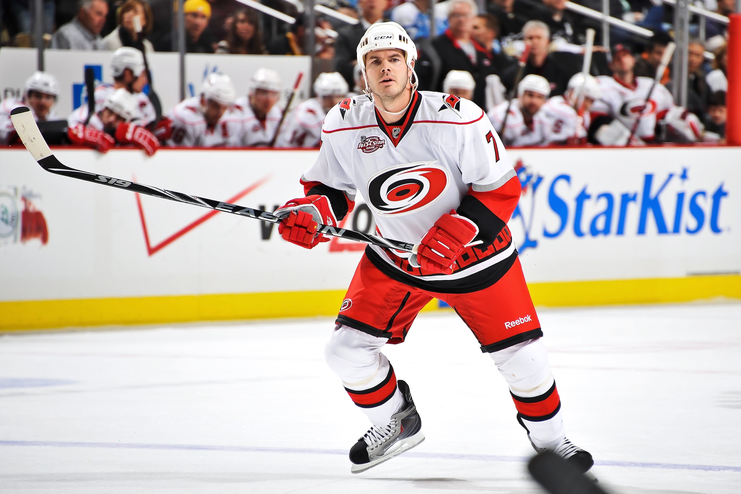PITTSBURGH - NOVEMBER 19:  Ian White #7 of the Carolina Hurricanes skates against the Pittsburgh Penguins on November 19, 2010 at Consol Energy Center in Pittsburgh, Pennsylvania.  (Photo by Jamie Sabau/Getty Images)