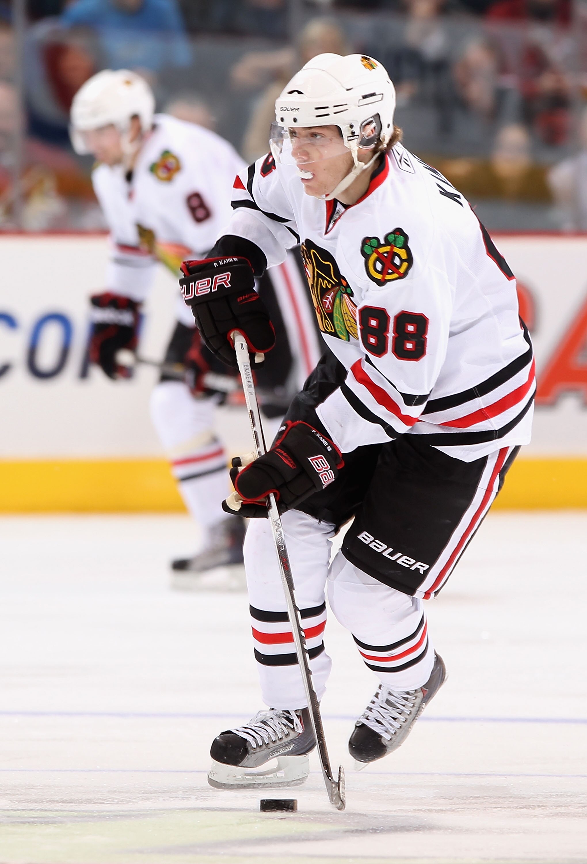 GLENDALE, AZ - FEBRUARY 12:  Patrick Kane #88 of the Chicago Blackhawks skates with the puck during the NHL game against the Phoenix Coyotes at Jobing.com Arena on February 12, 2011 in Glendale, Arizona.  The Coyotes defeated the Blackhawks 3-2 in an over