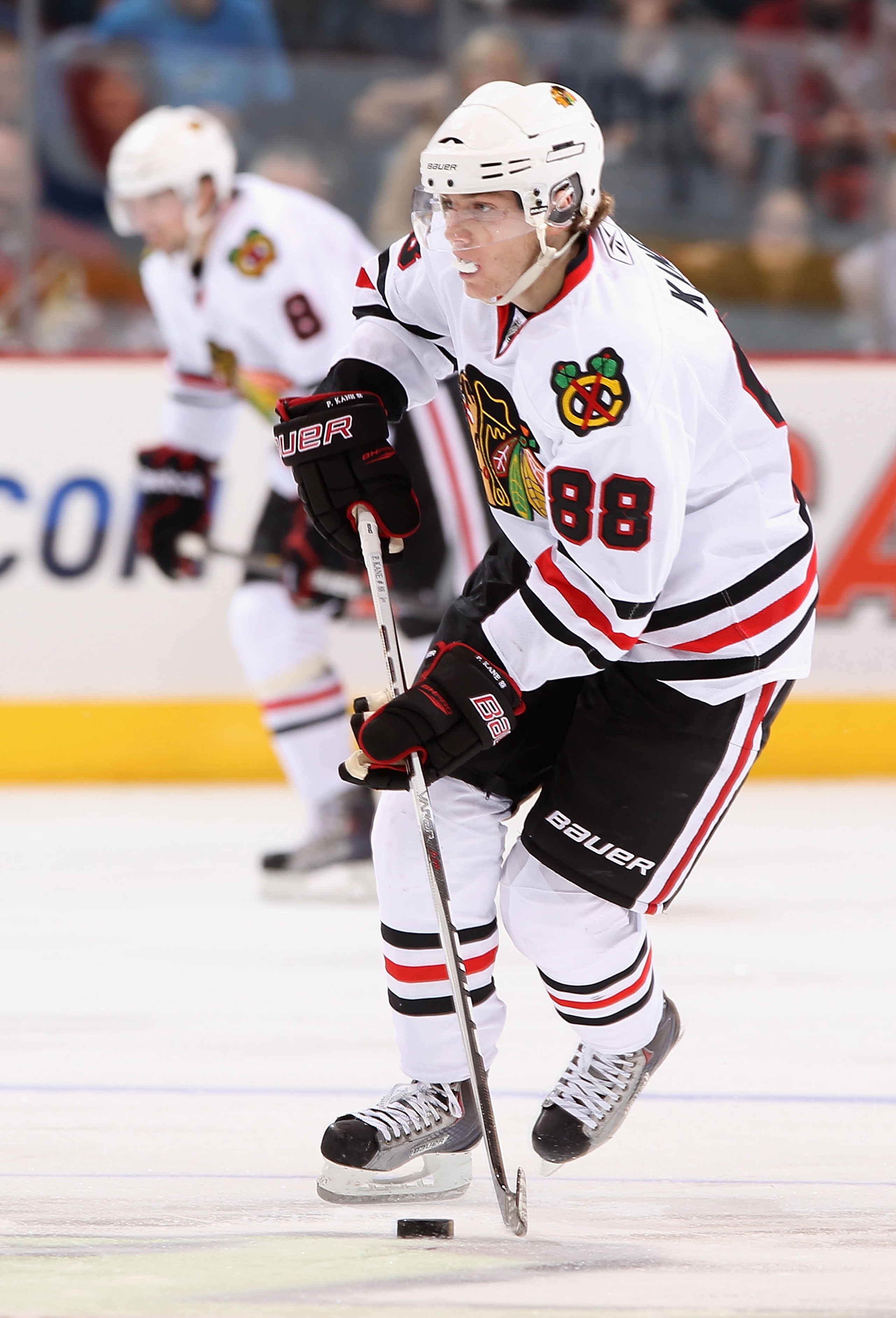 GLENDALE, AZ - FEBRUARY 12:  Patrick Kane #88 of the Chicago Blackhawks skates with the puck during the NHL game against the Phoenix Coyotes at Jobing.com Arena on February 12, 2011 in Glendale, Arizona.  The Coyotes defeated the Blackhawks 3-2 in an over