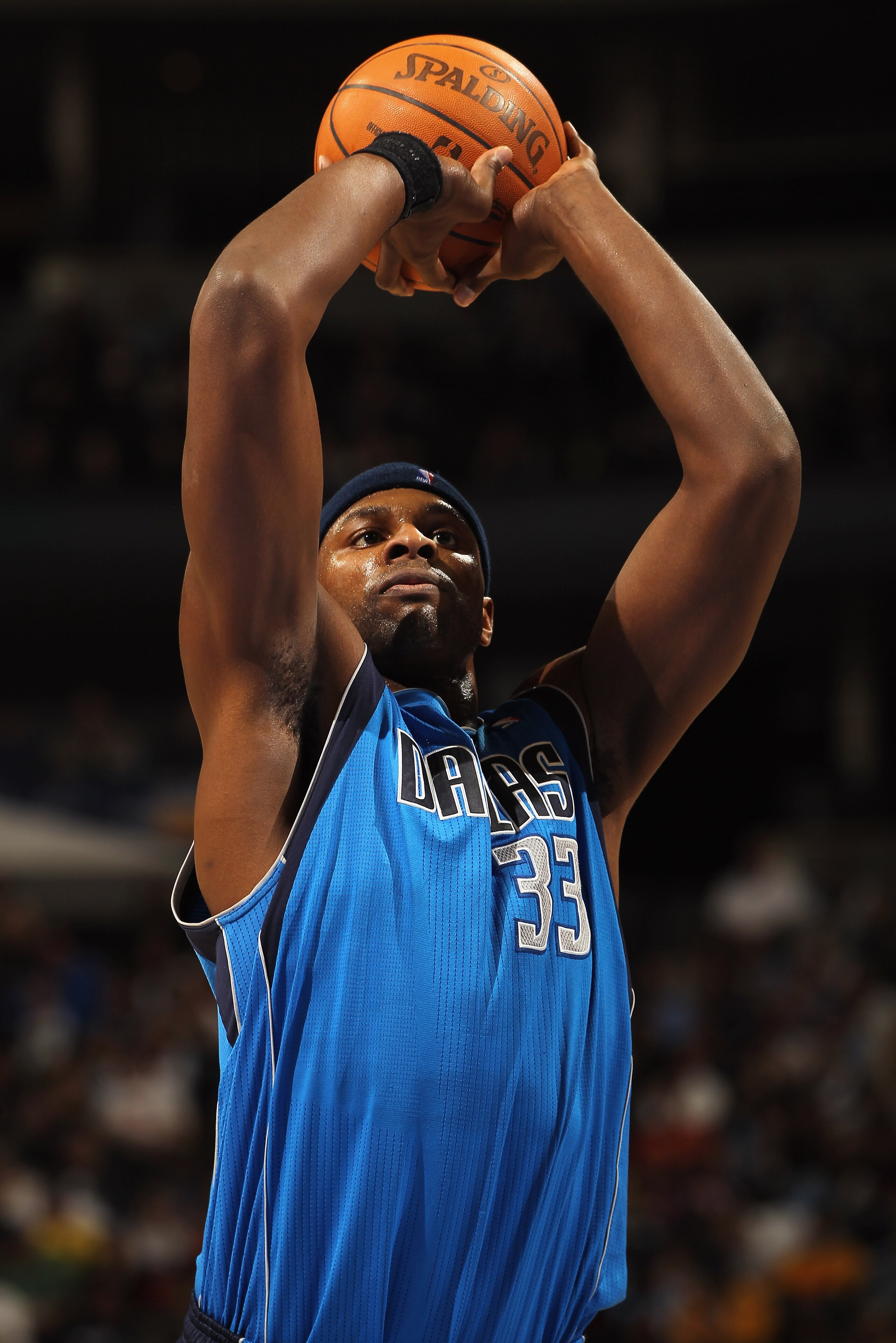 DENVER, CO - FEBRUARY 10:  Brendan Haywood #33 of the Dallas Mavericks takes a free throw against the Denver Nuggets during NBA action at the Pepsi Center on February 10, 2011 in Denver, Colorado. The Nuggets defeated the Mavericks 121-120. NOTE TO USER: