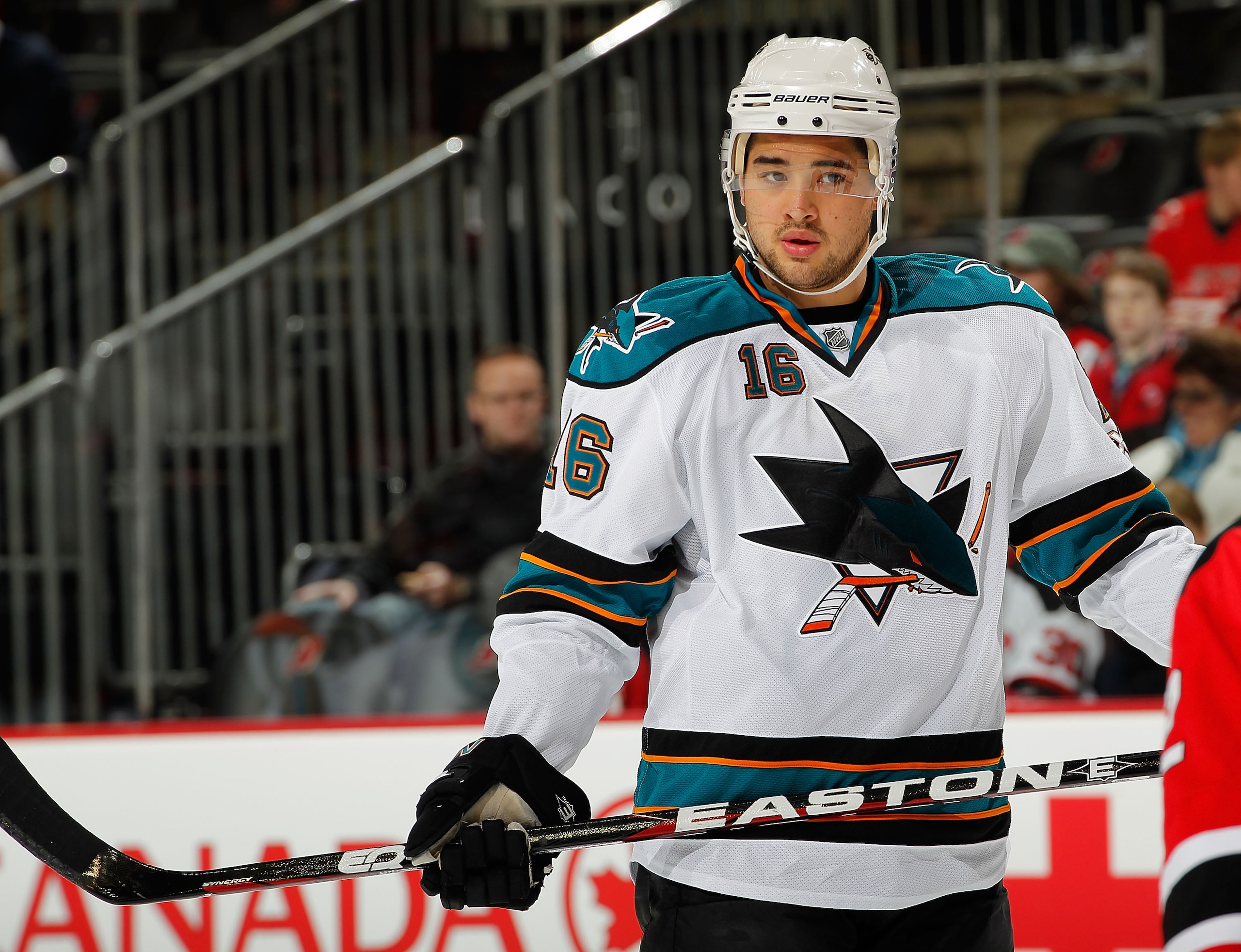 NEWARK, NJ - FEBRUARY 11: Devin Setoguchi #16 of the San Jose Sharks waits for a faceoff during an NHL hockey game against the New Jersey Devils on February 11, 2011 at the Prudential Center in Newark, New Jersey. (Photo by Paul Bereswill/Getty Images)
