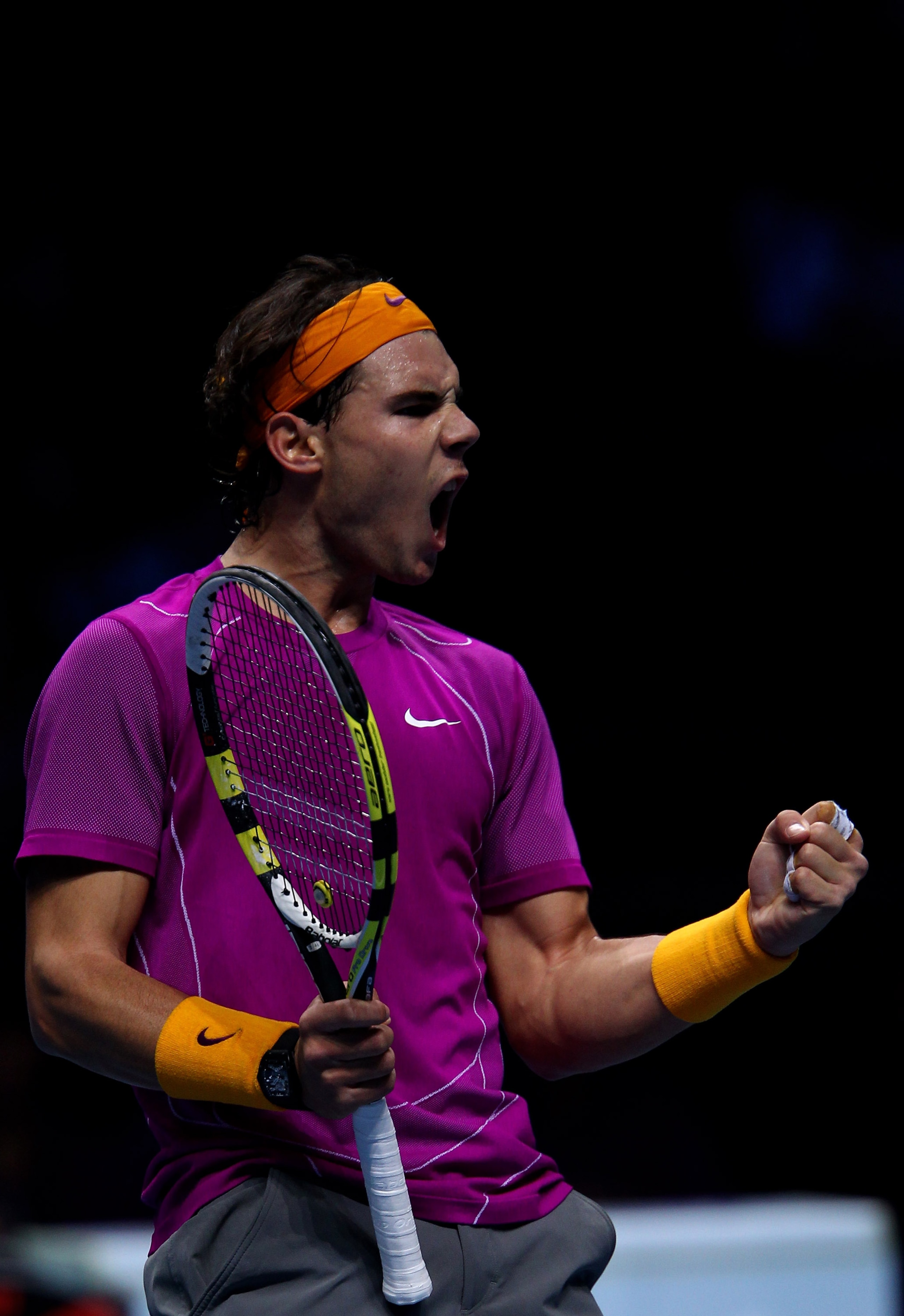 LONDON, ENGLAND - NOVEMBER 27:  Rafael Nadal of Spain reacts after winning the first set during his men's semi-final match against Andy Murray of Great Britain during the ATP World Tour Finals at O2 Arena on November 27, 2010 in London, England.  (Photo b
