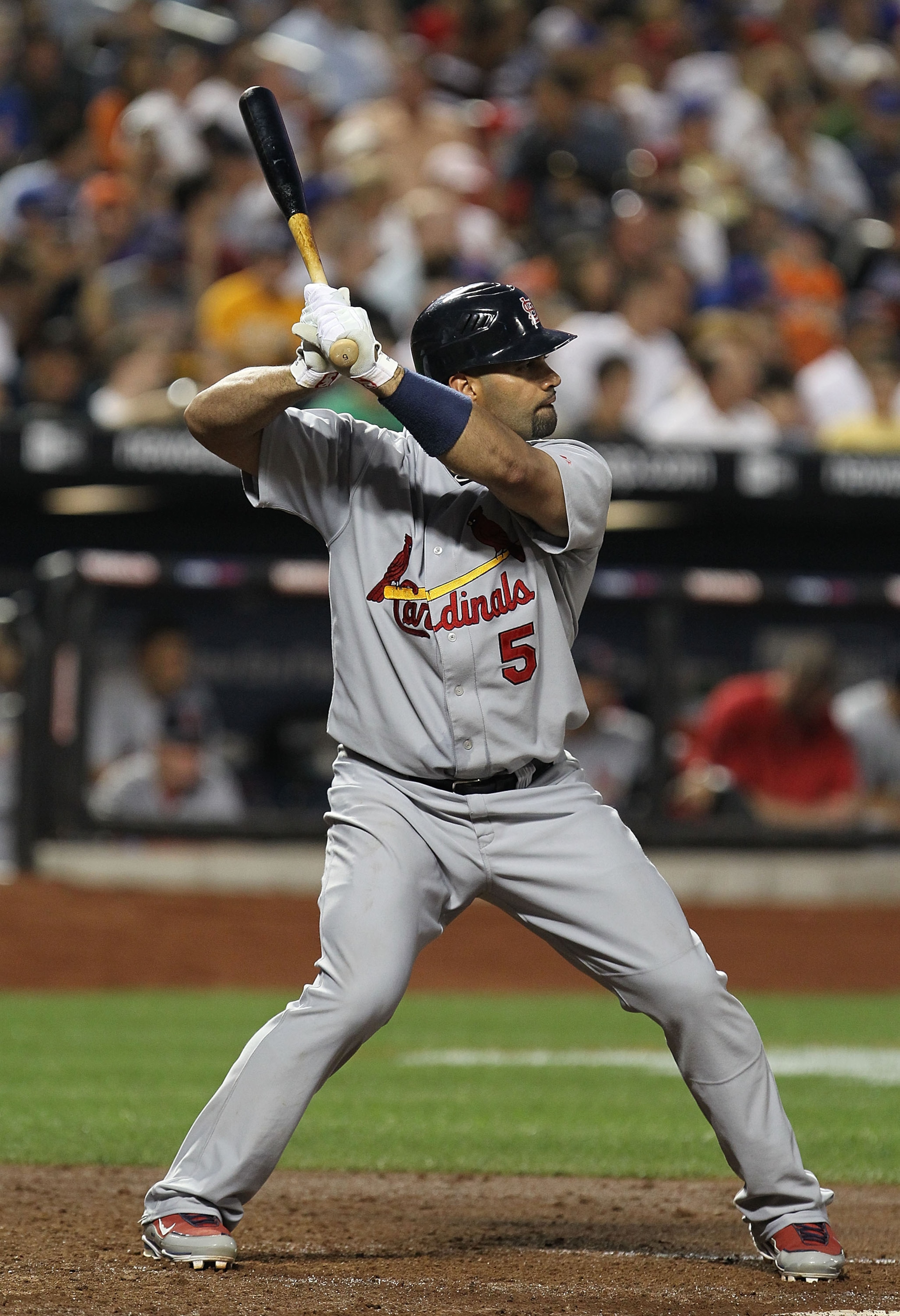 NEW YORK - JULY 27:  Albert Pujols #5 of the St. Louis Cardinals in action against the New York Mets during their game on July 27, 2010 at Citi Field in the Flushing neighborhood of the Queens borough of New York City.  (Photo by Al Bello/Getty Images)