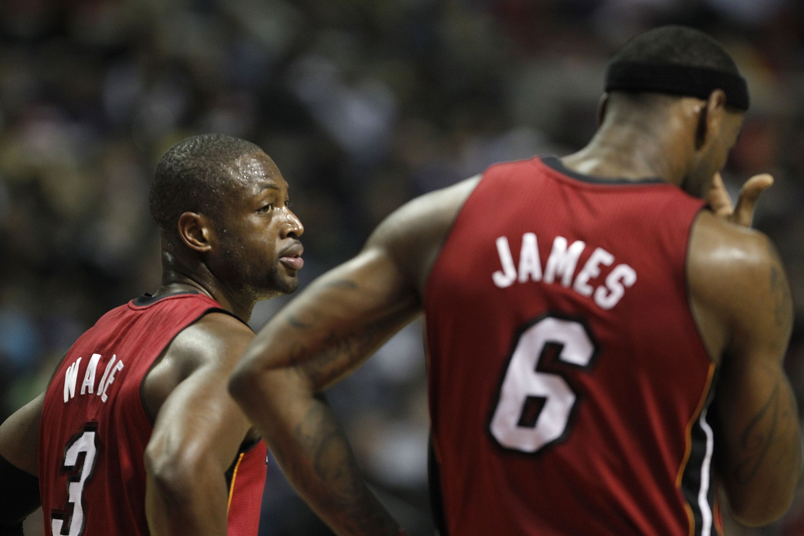 AUBURN HILLS, MI - FEBRUARY 11: LeBron James #6 and Dwyane Wade #3 of the Miami Heat talk while playing the Detroit Pistons at The Palace of Auburn Hills on February 11, 2011 in Auburn Hills, Michigan. Miami won the game 106-92. NOTE TO USER: User expres AUBURN HILLS, MI - FEBRUARY 11: LeBron James #6 and Dwyane Wade #3 of the Miami Heat talk while playing the Detroit Pistons at The Palace of Auburn Hills on February 11, 2011 in Auburn Hills, Michigan. Miami won the game 106-92. NOTE TO USER: User expres