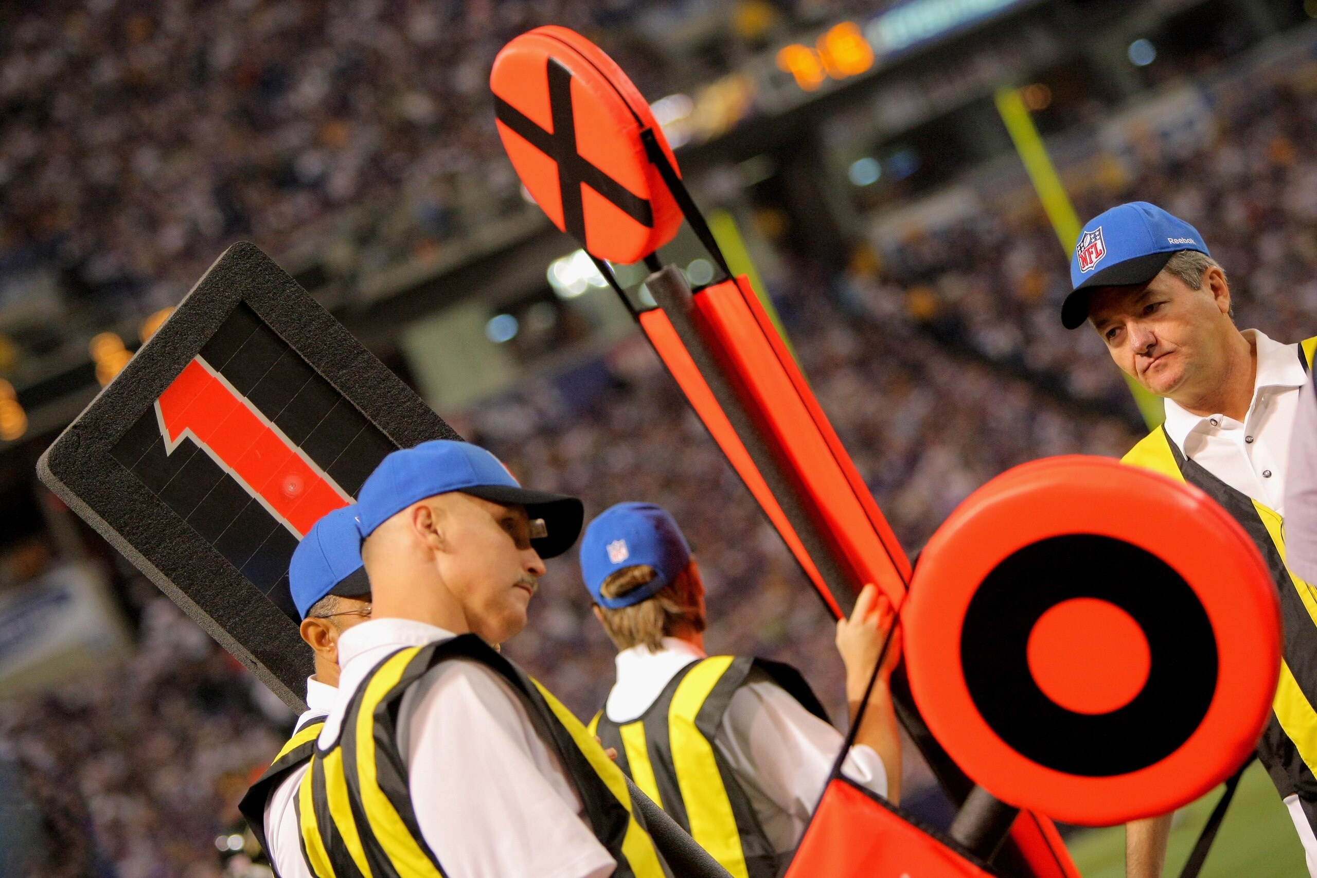 MINNEAPOLIS - OCTOBER 18:  The chain gang has he sticks at the ready as the Minnesota Vikings face the Baltimore Ravens during NFL action at Hubert H. Humphrey Metrodome on October 18, 2009 in Minneapolis, Minnesota. The Vikings defeated the Ravens 33-31.