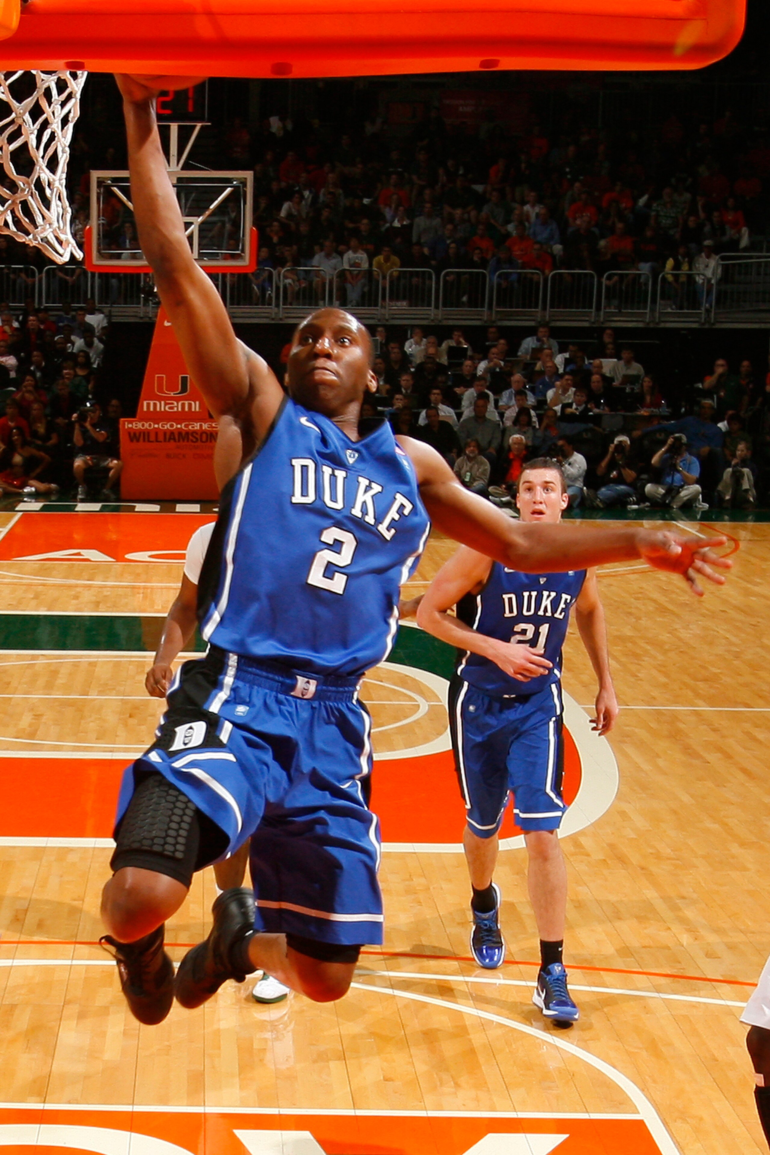 CORAL GABLES, FL - FEBRUARY 13: Nolan Smith #2 of the Duke Blue Devils goes to the basket against the Miami Hurricanes on February 13, 2011 at the BankUnited Center in Coral Gables, Florida. (Photo by Joel Auerbach/Getty Images)
