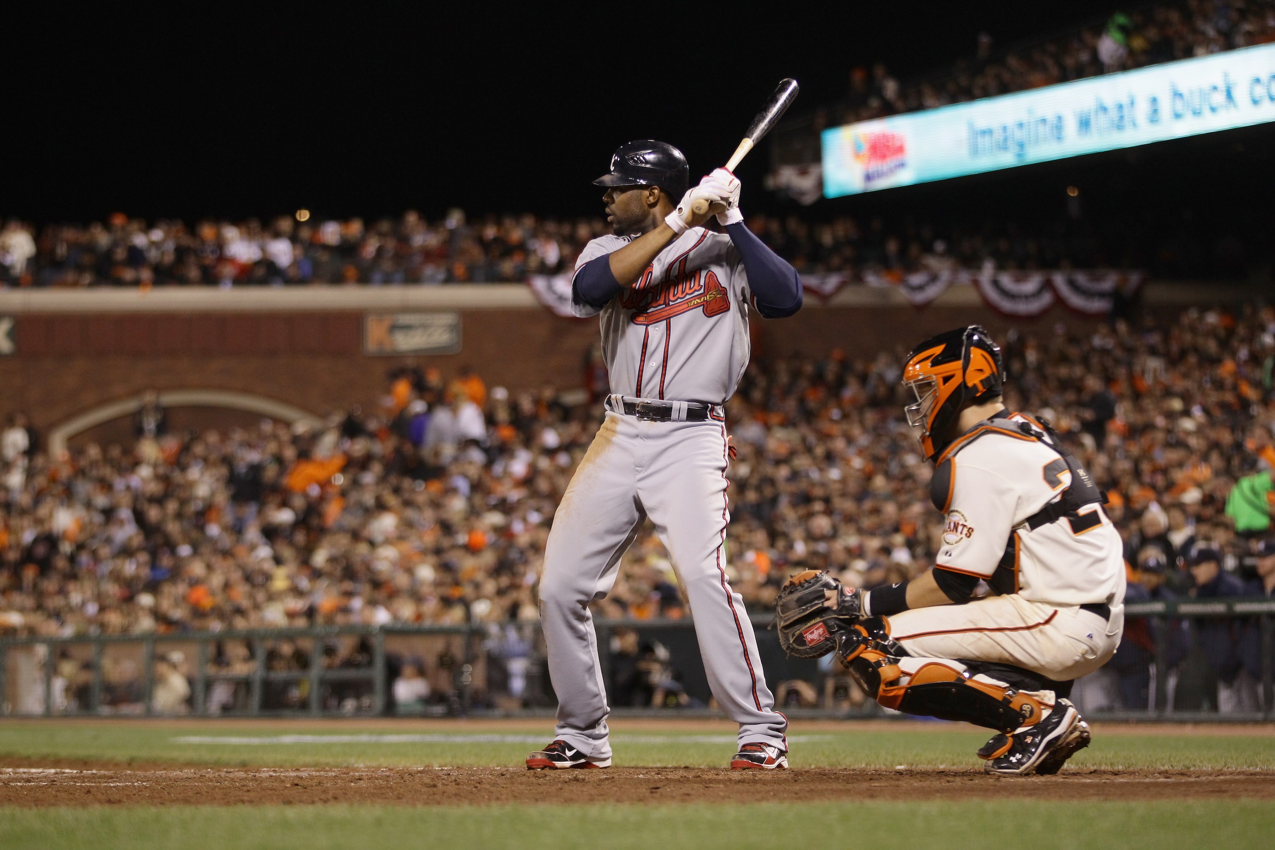 SAN FRANCISCO - OCTOBER 07: Jason Heyward #22 of the Atlanta Braves bats against catcher Buster Posey #28 and the San Francisco Giants during game 1 of the NLDS at AT&T Park on October 7, 2010 in San Francisco, California. (Photo by Ezra Shaw/Getty Imag SAN FRANCISCO - OCTOBER 07: Jason Heyward #22 of the Atlanta Braves bats against catcher Buster Posey #28 and the San Francisco Giants during game 1 of the NLDS at AT&T Park on October 7, 2010 in San Francisco, California. (Photo by Ezra Shaw/Getty Imag
