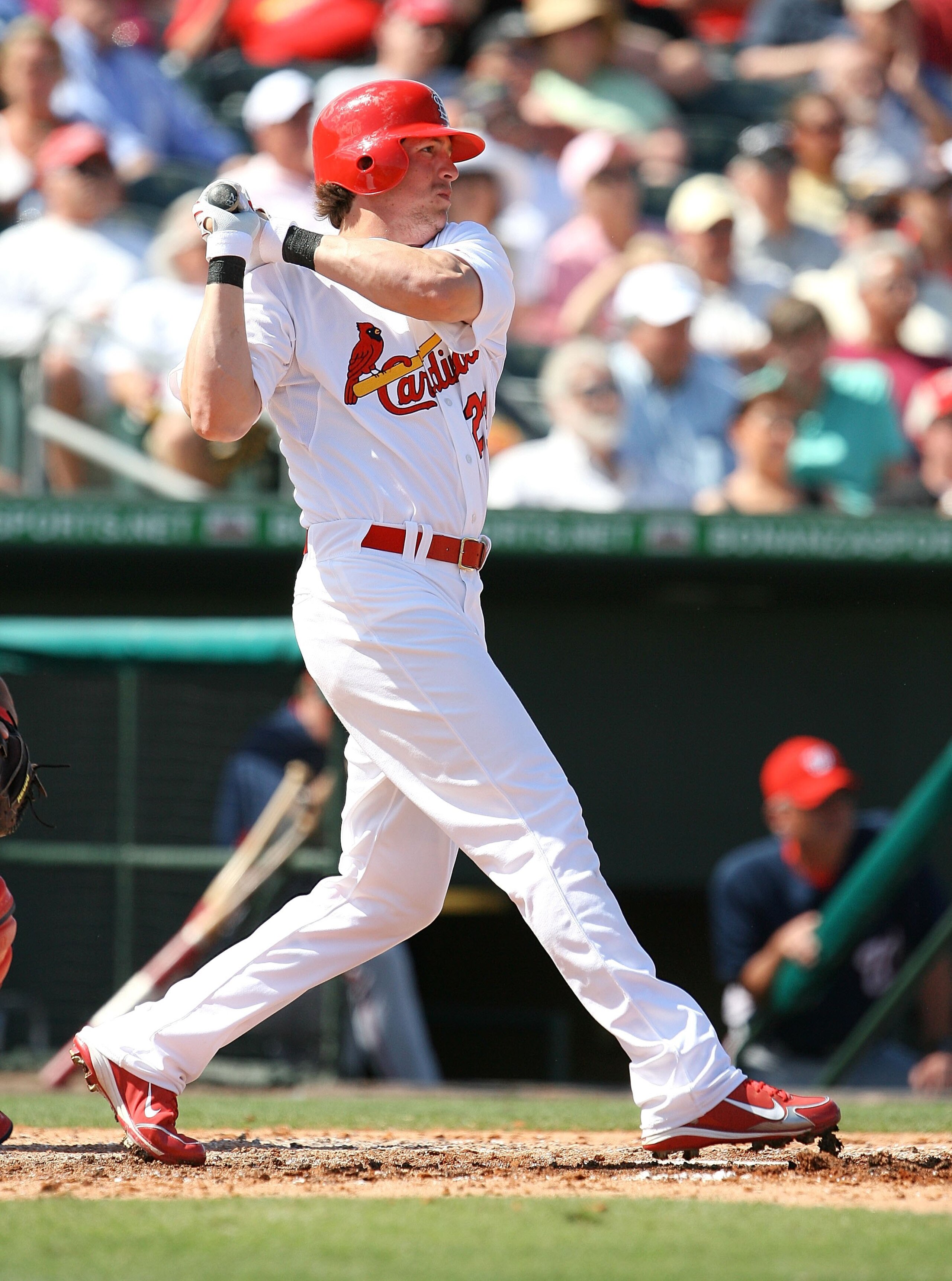 JUPITER, FL - MARCH 10:  Centerfielder Colby Rasmus #28 of the St Louis Cardinals hits against the Washington Nationals at Roger Dean Stadium on March 10, 2010 in Jupiter, Florida.  (Photo by Doug Benc/Getty Images)
