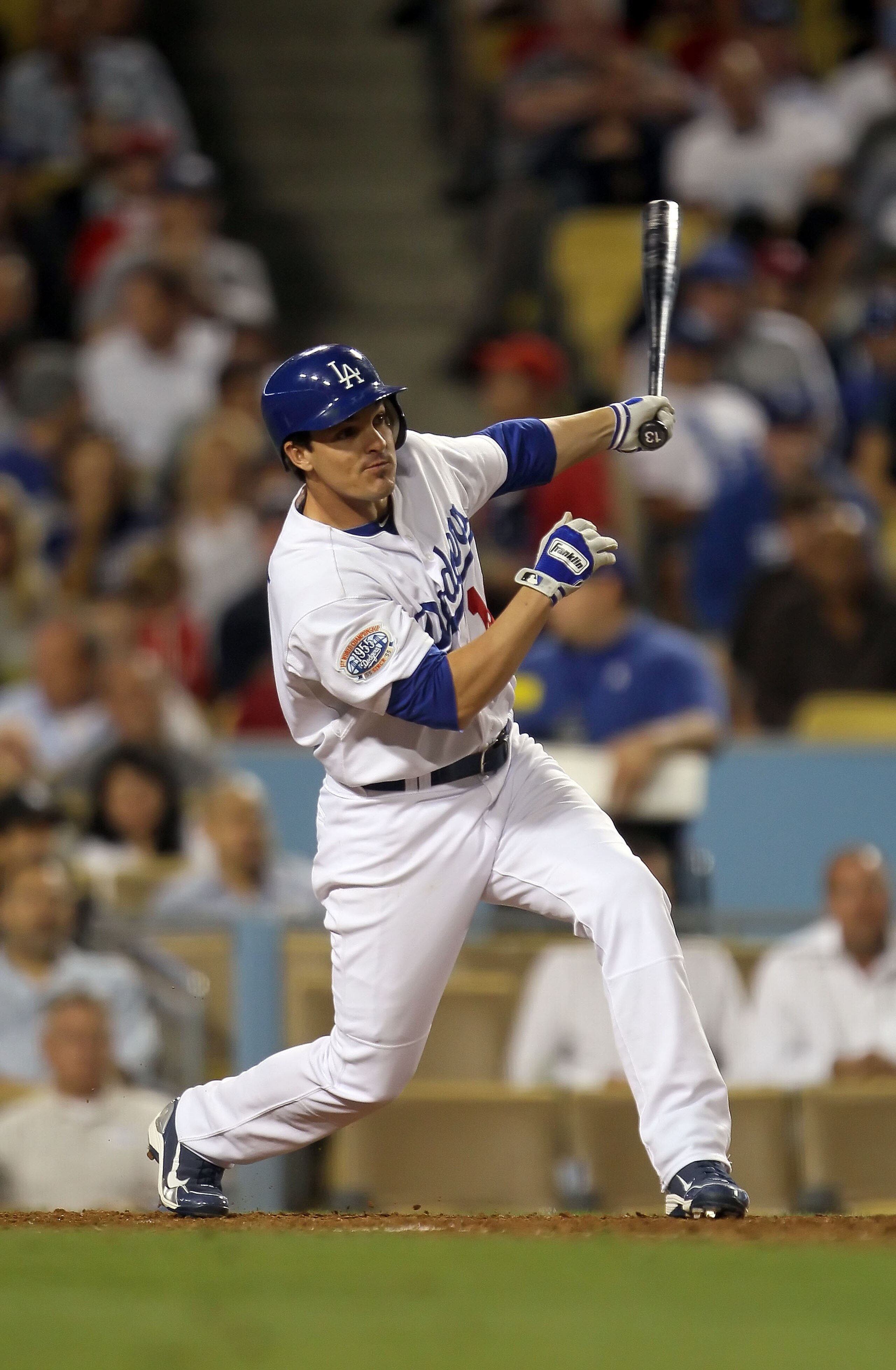 LOS ANGELES, CA - AUGUST 31:  Ryan Theriot #13 of the Los Angeles Dodgers bats against the Philadelphia Phillies at Dodger Stadium on August 31, 2010 in Los Angeles, California. The Phillies defeated the Dodgers 8-4.  (Photo by Jeff Gross/Getty Images)