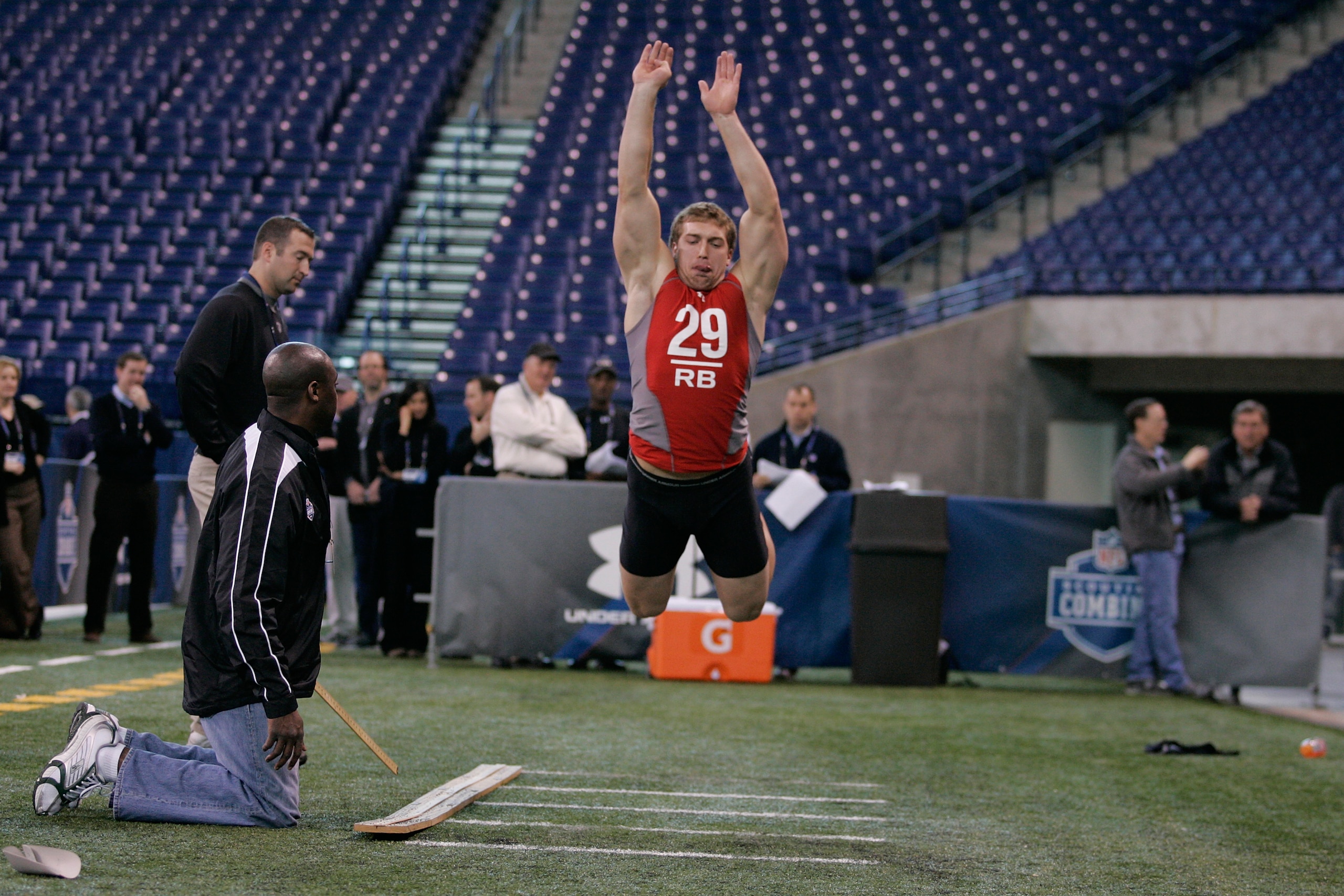 INDIANAPOLIS, IN - FEBRUARY 22: Running back Brannan Southerland of Georgia jumps in the air as he participates in the broad jump during the NFL Scouting Combine at Lucas Oil Stadium on February 22, 2009 in Indianapolis, Indiana. (Photo by Scott Boehm/Ge INDIANAPOLIS, IN - FEBRUARY 22: Running back Brannan Southerland of Georgia jumps in the air as he participates in the broad jump during the NFL Scouting Combine at Lucas Oil Stadium on February 22, 2009 in Indianapolis, Indiana. (Photo by Scott Boehm/Ge