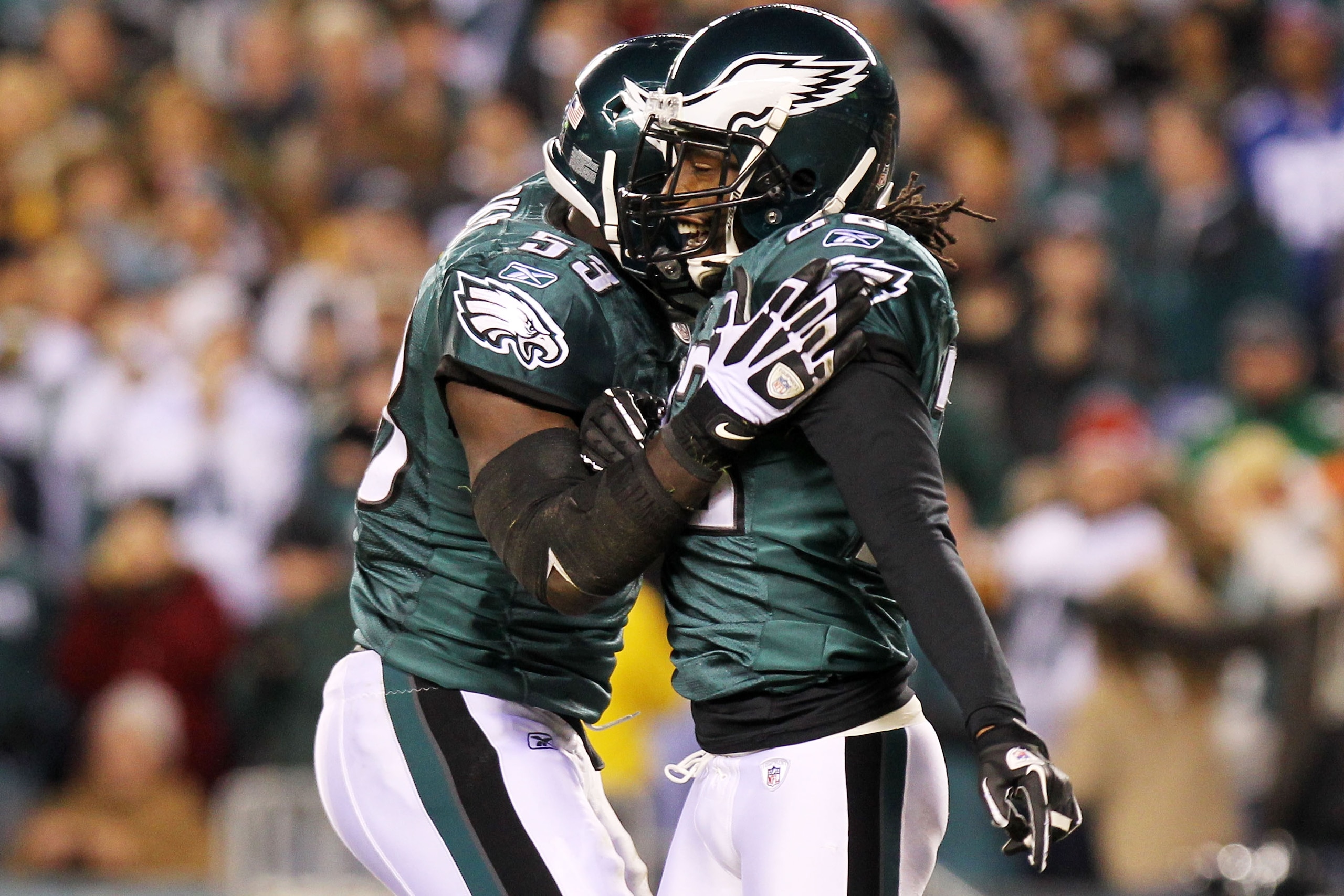 PHILADELPHIA, PA - NOVEMBER 21:  Asante Samuel #22 and Moise Fokou #53 of the Philadelphia Eagles celebrate a play against the New York Giants at Lincoln Financial Field on November 21, 2010 in Philadelphia, Pennsylvania.  (Photo by Nick Laham/Getty Image
